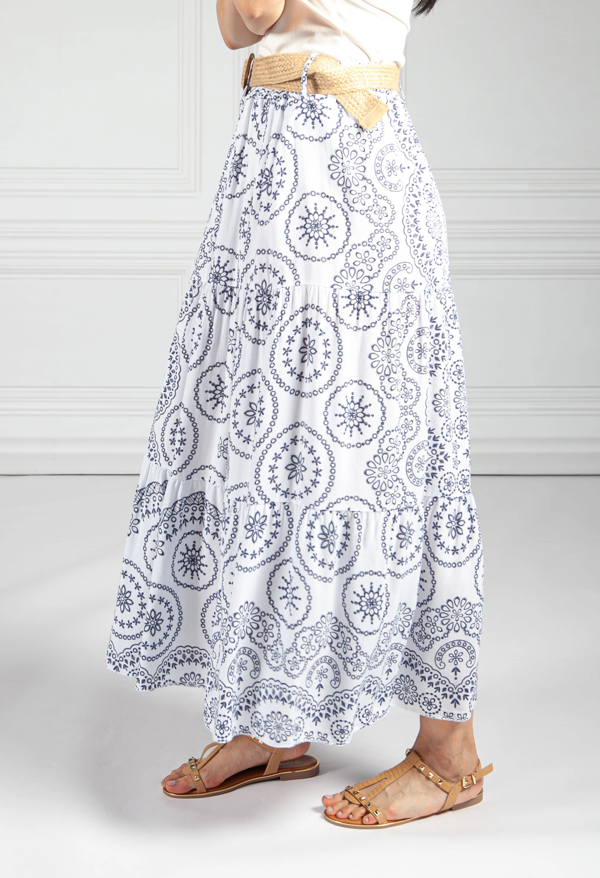 Stitching Print Boho Skirt in Navy & White