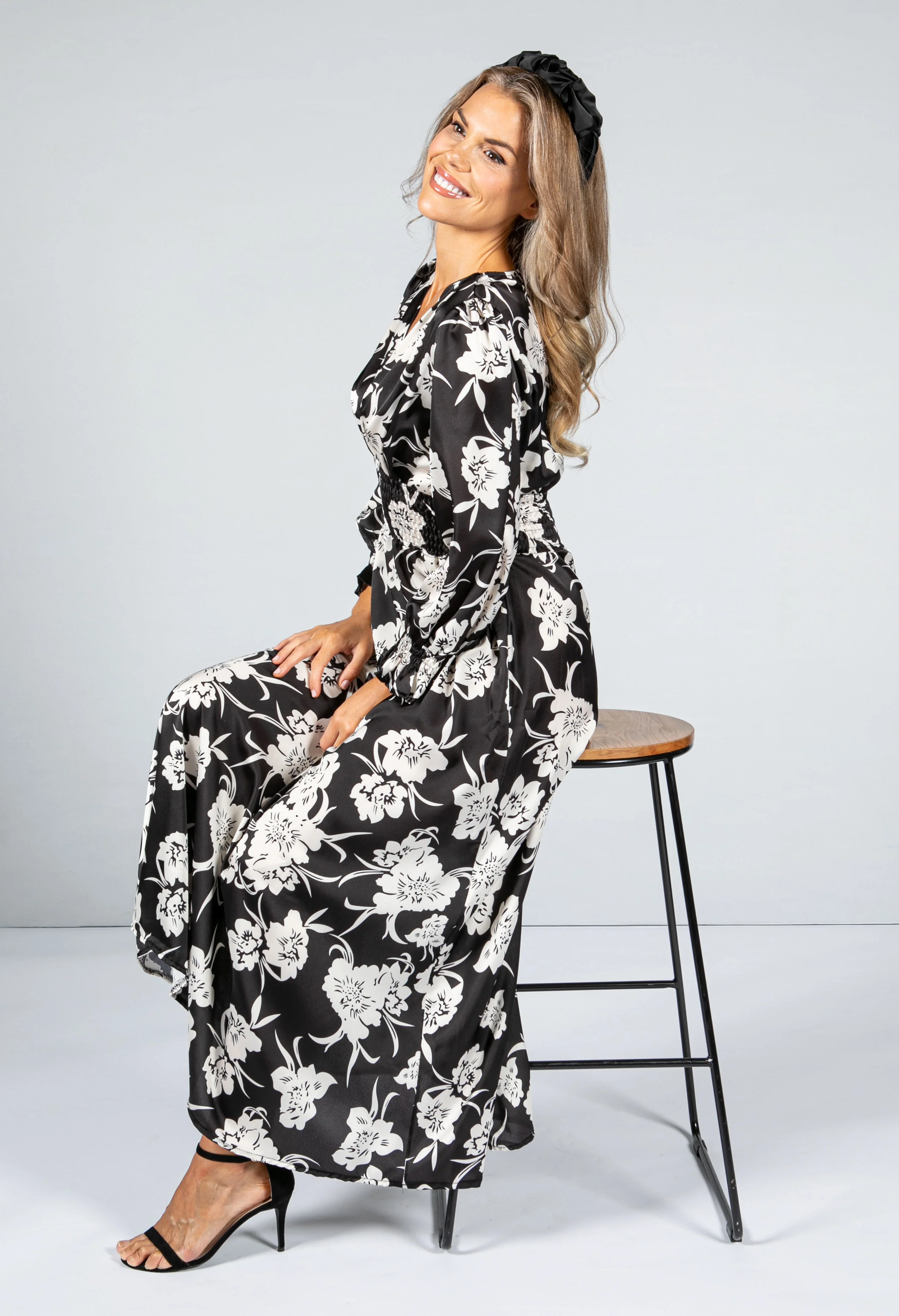 Rose Blossom Silk Feel Dress with Smocking Waist