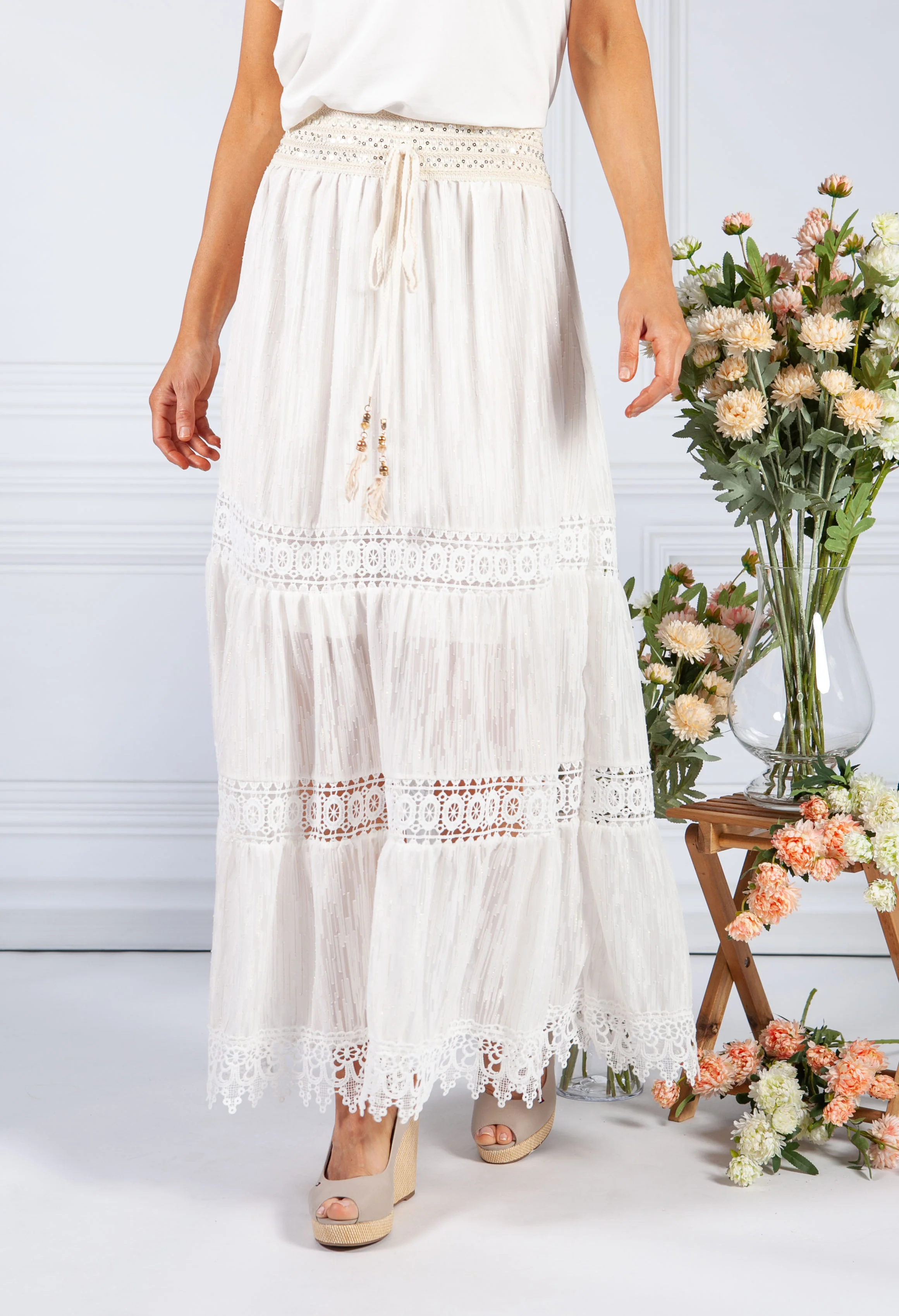 Lace Boho Skirt with Gold Detailing