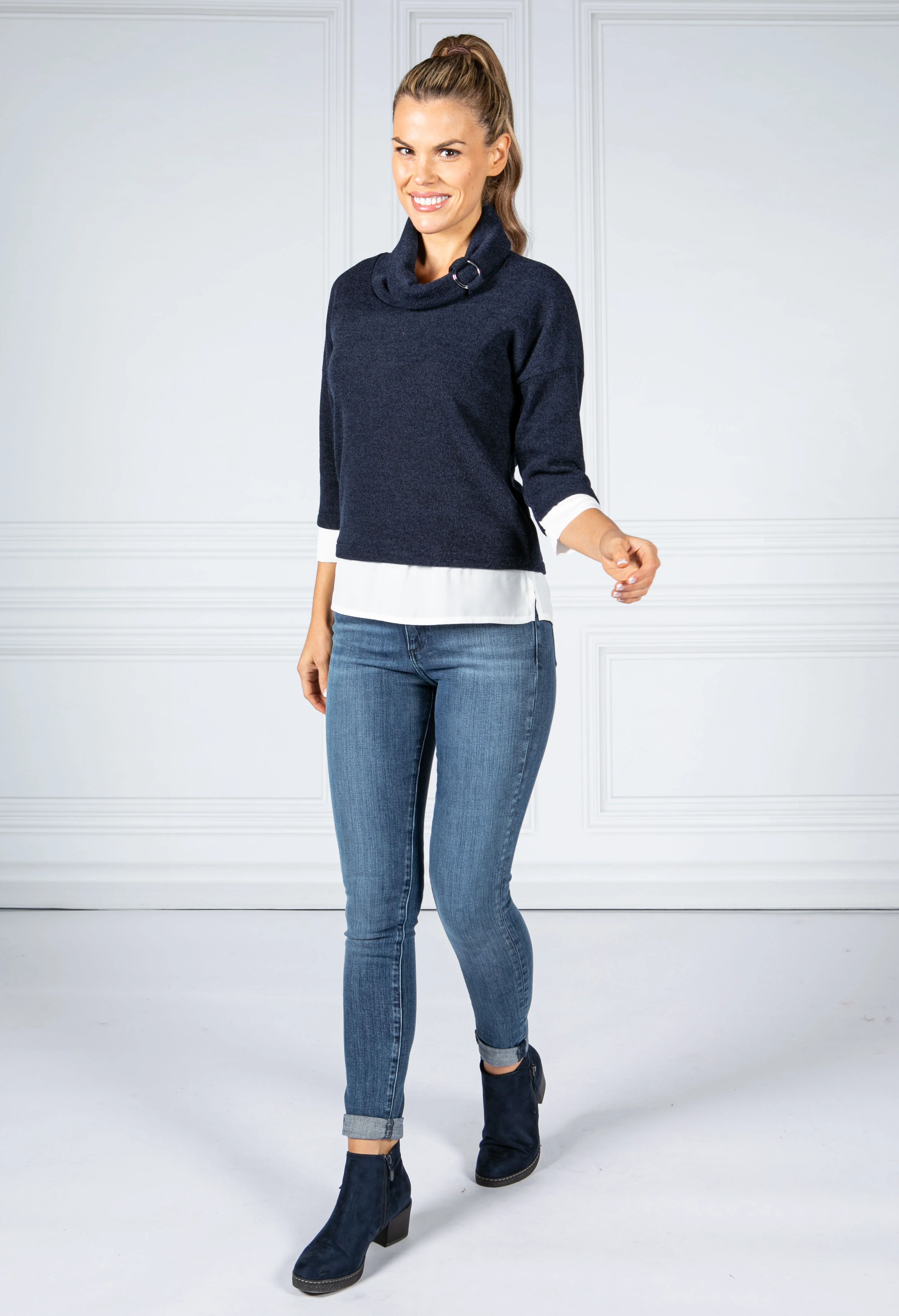 Fine Knit Cowl Neck Top with under-shirt detail in Navy