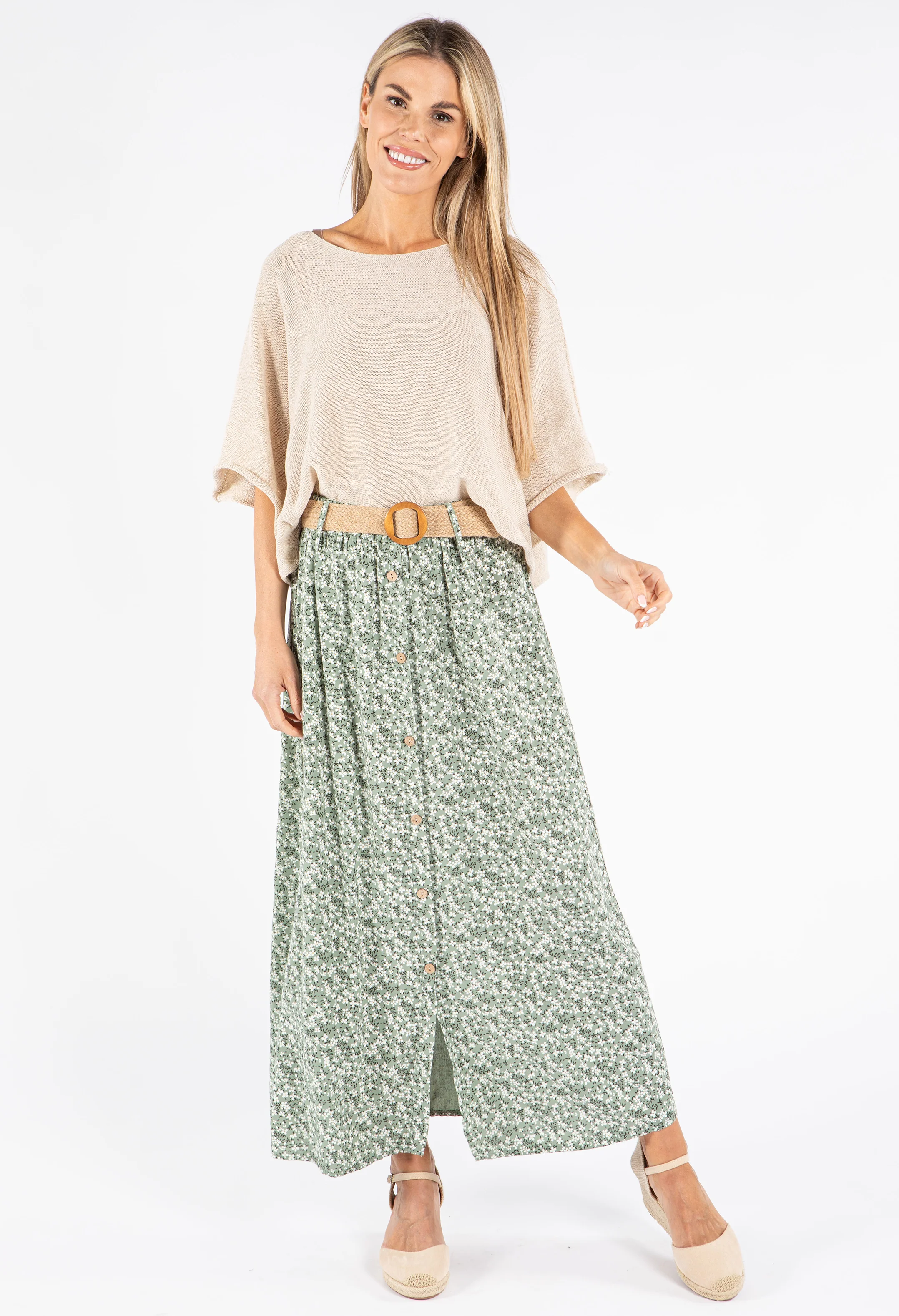 Belted Daisy Print Maxi Skirt