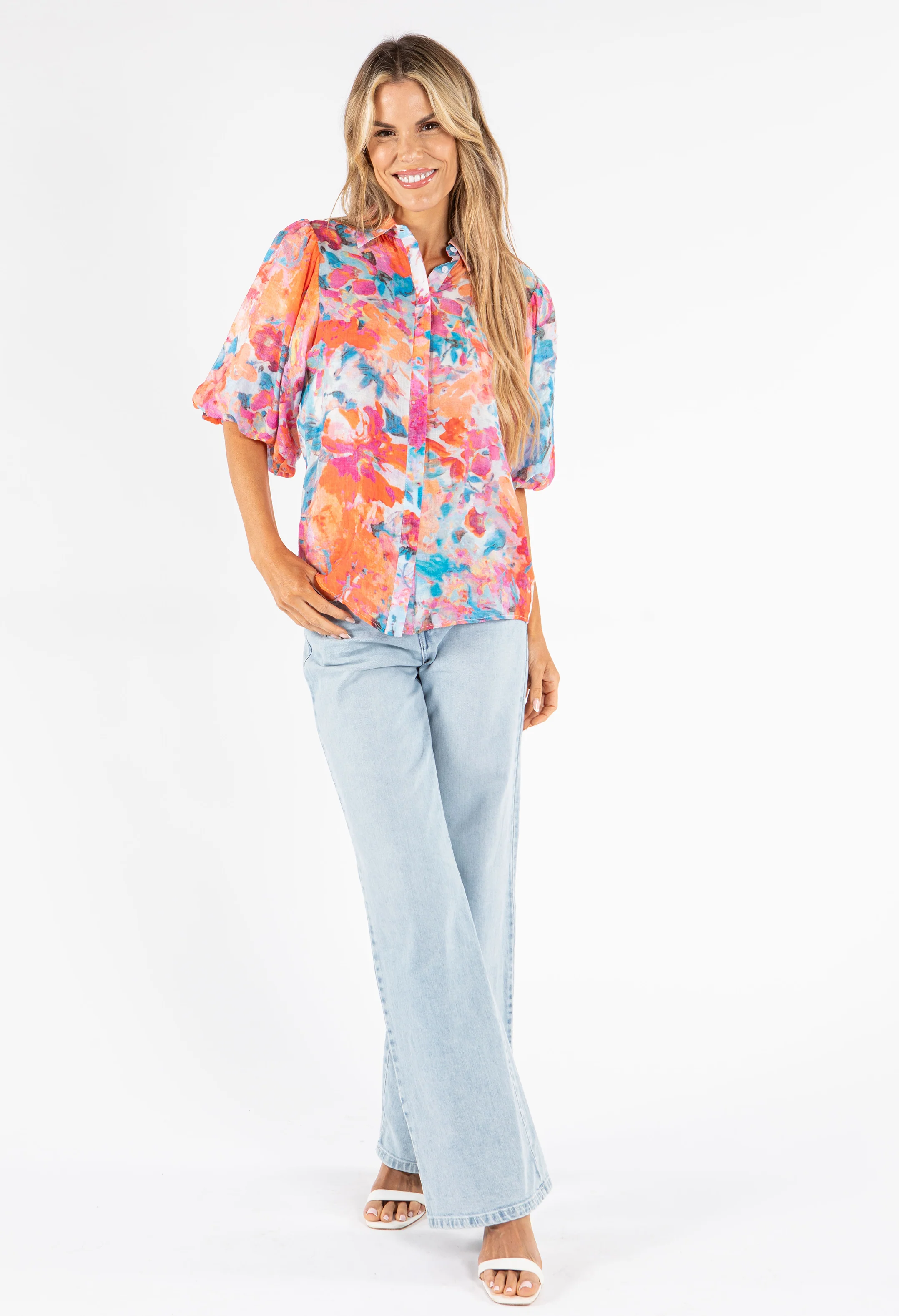 Printed Balloon Sleeve Blouse