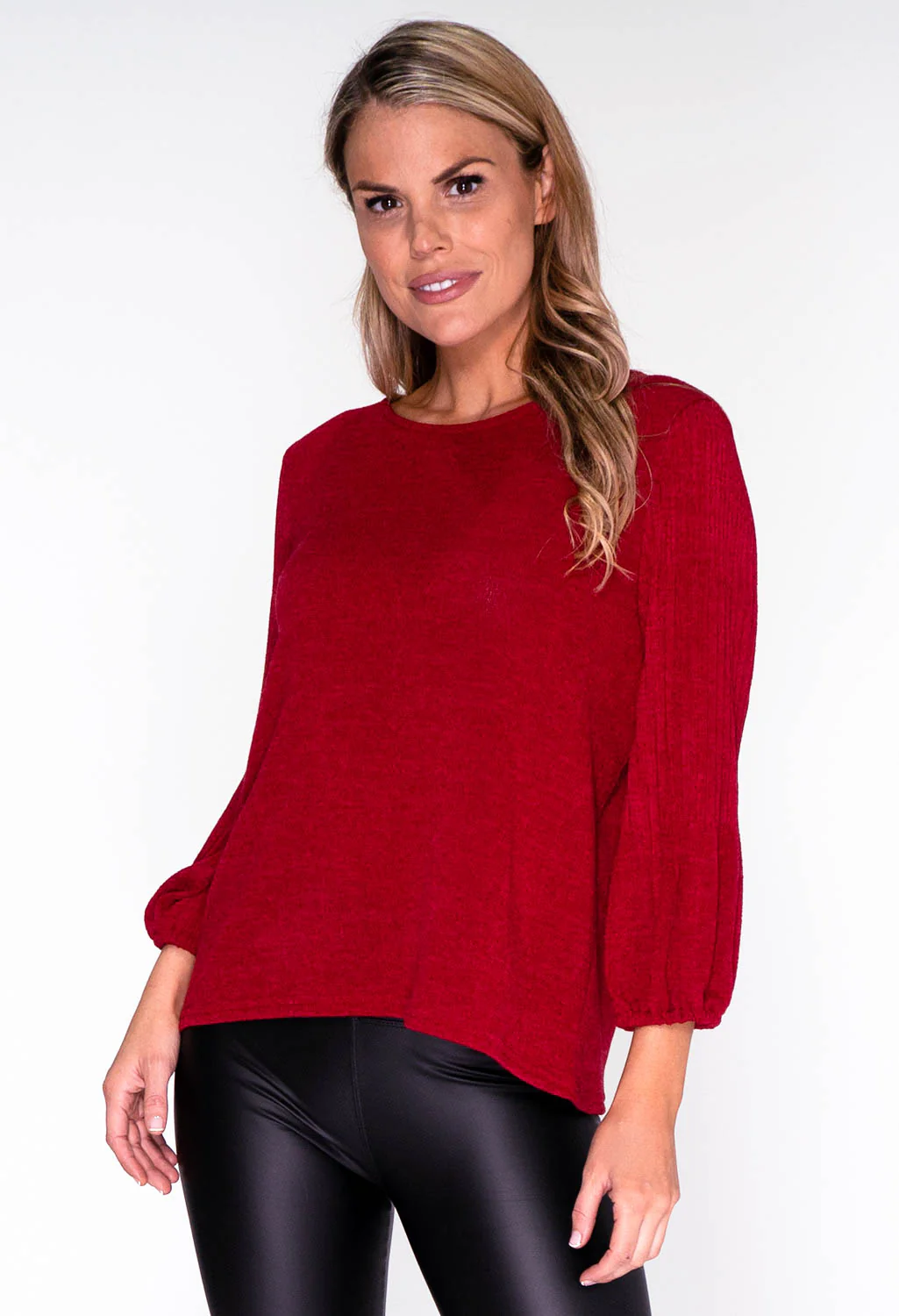 Red Plisse Sleeve Knit Top