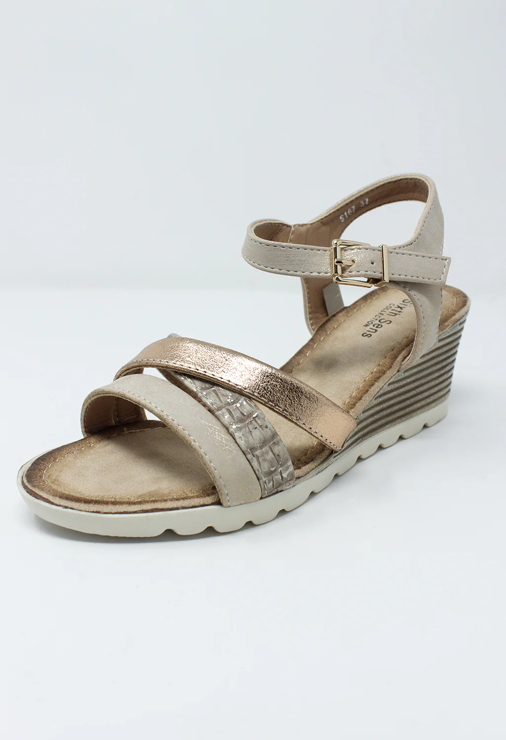 Beige Mid Wedge Cross Over Strap Sandal