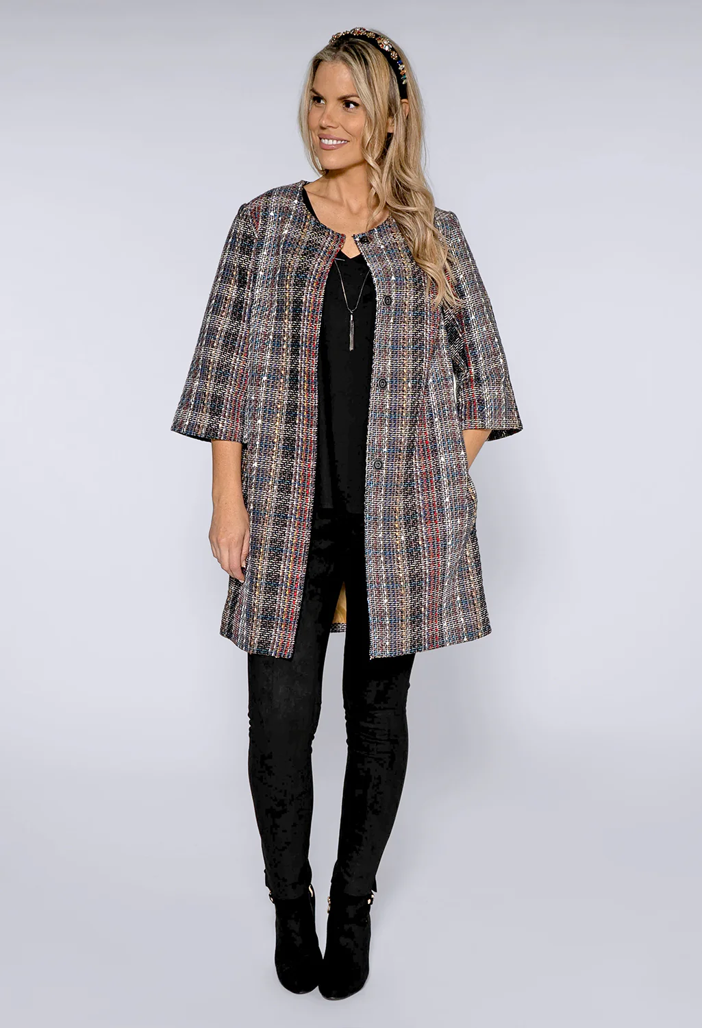 Black Rocha Lux Tweed Long Jacket with Gold Lining