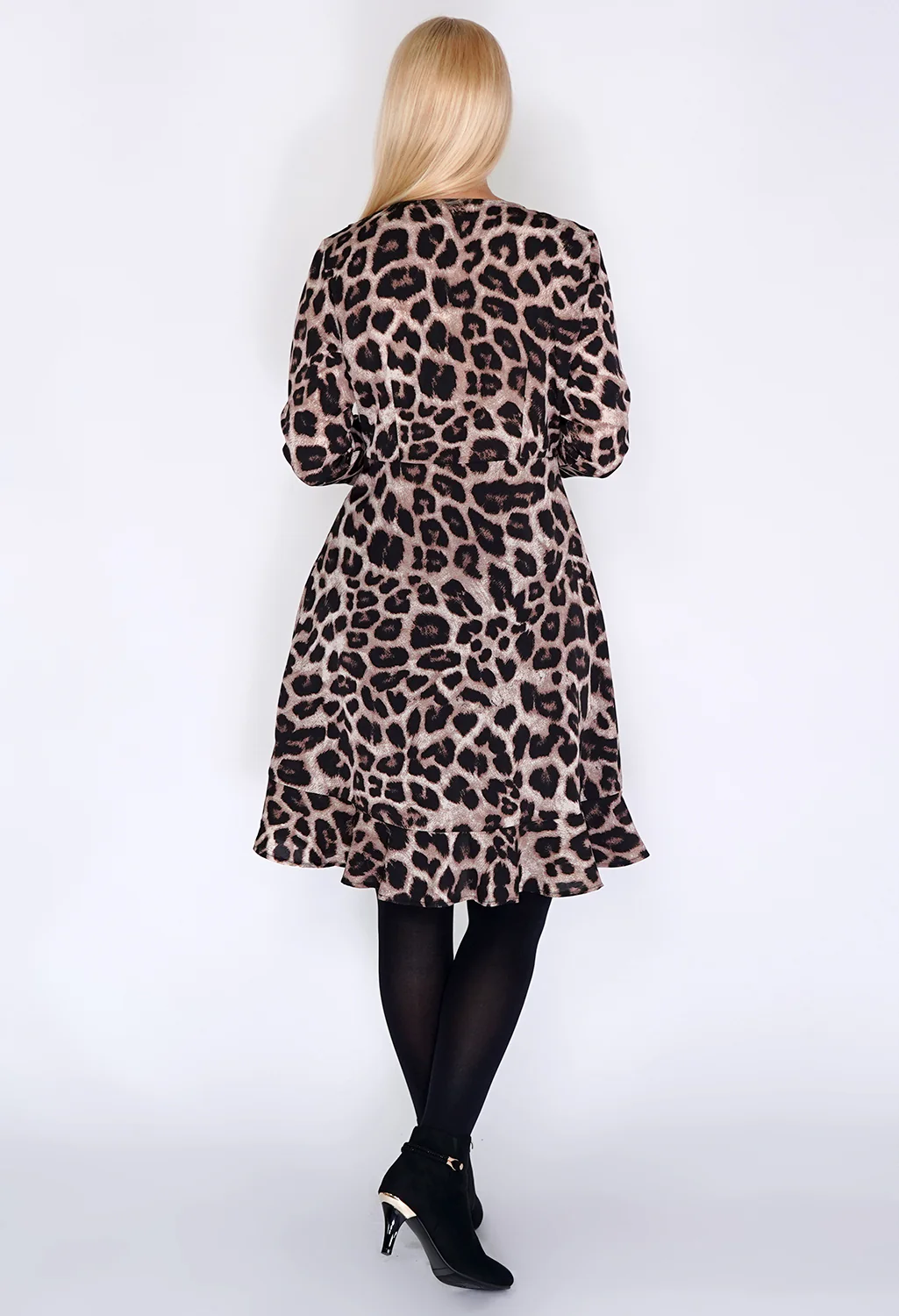Beige Leopard Print Dress with Ruffle Details.