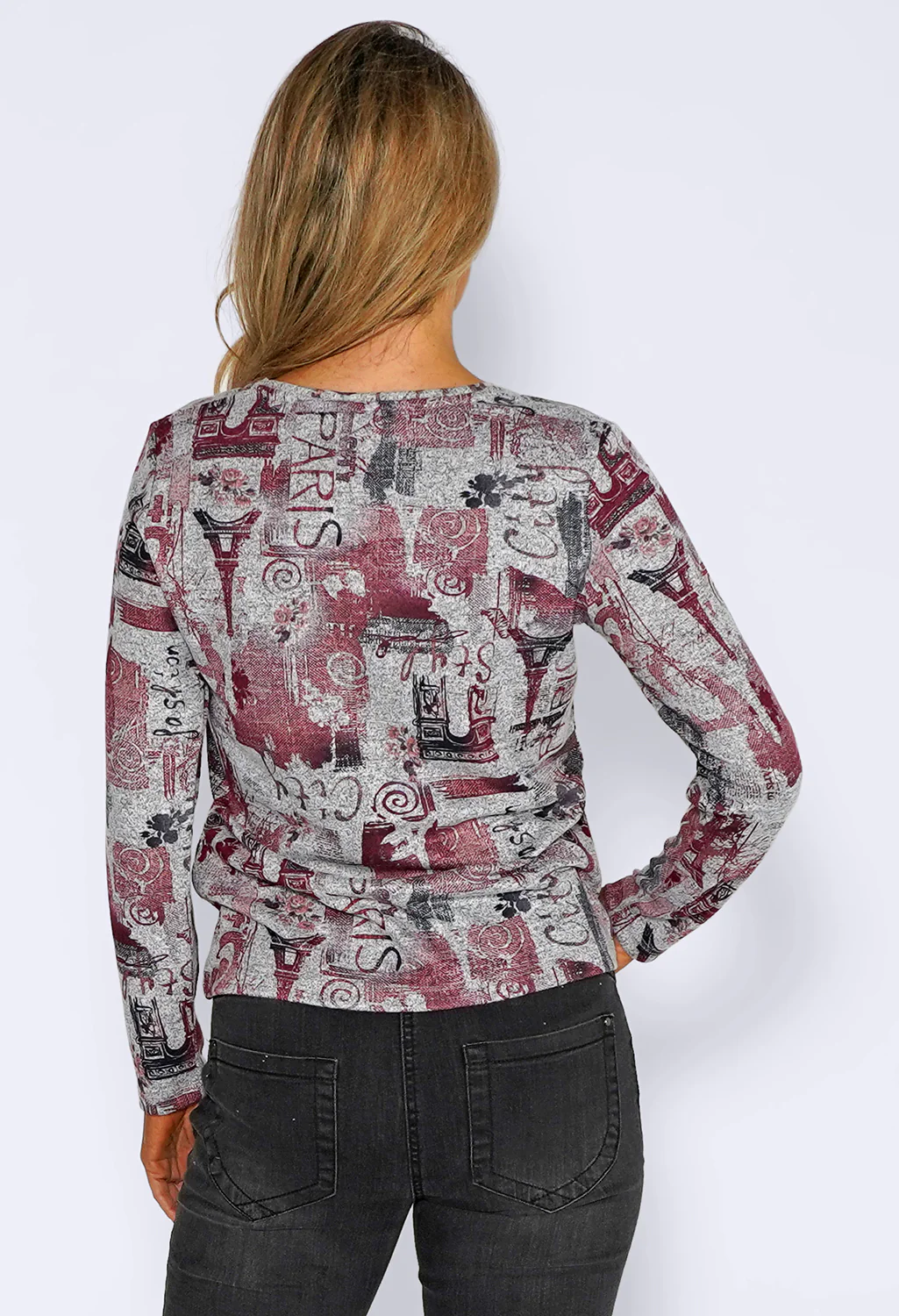 Grey Knit Top with Paris Print