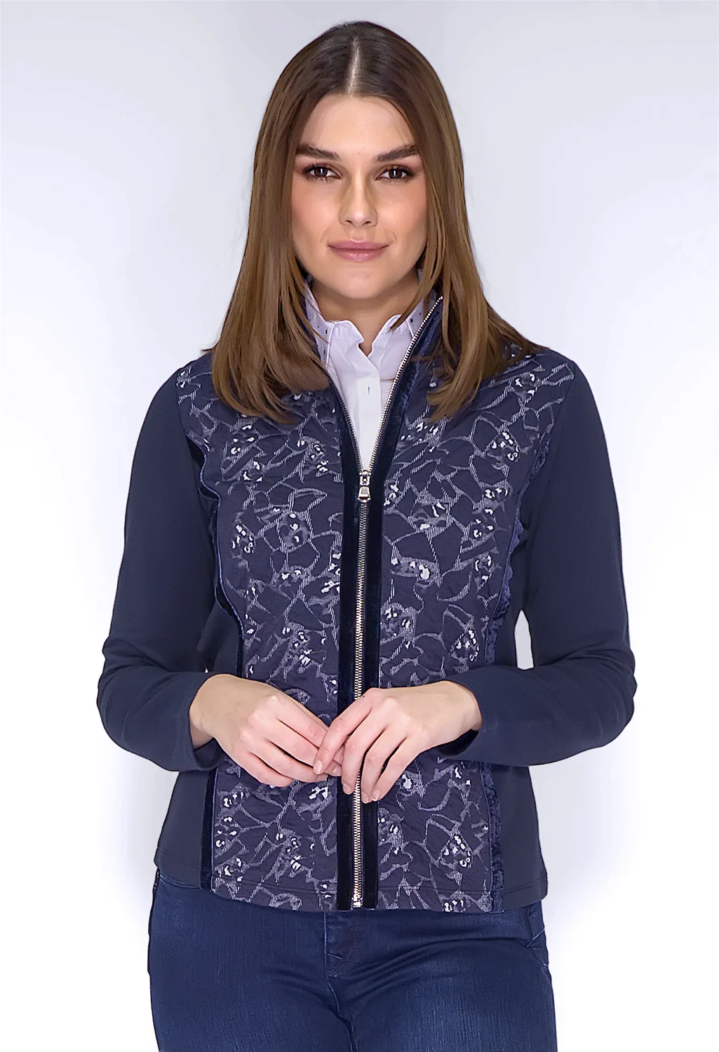 Navy Printed Cardigan with Velvet Details
