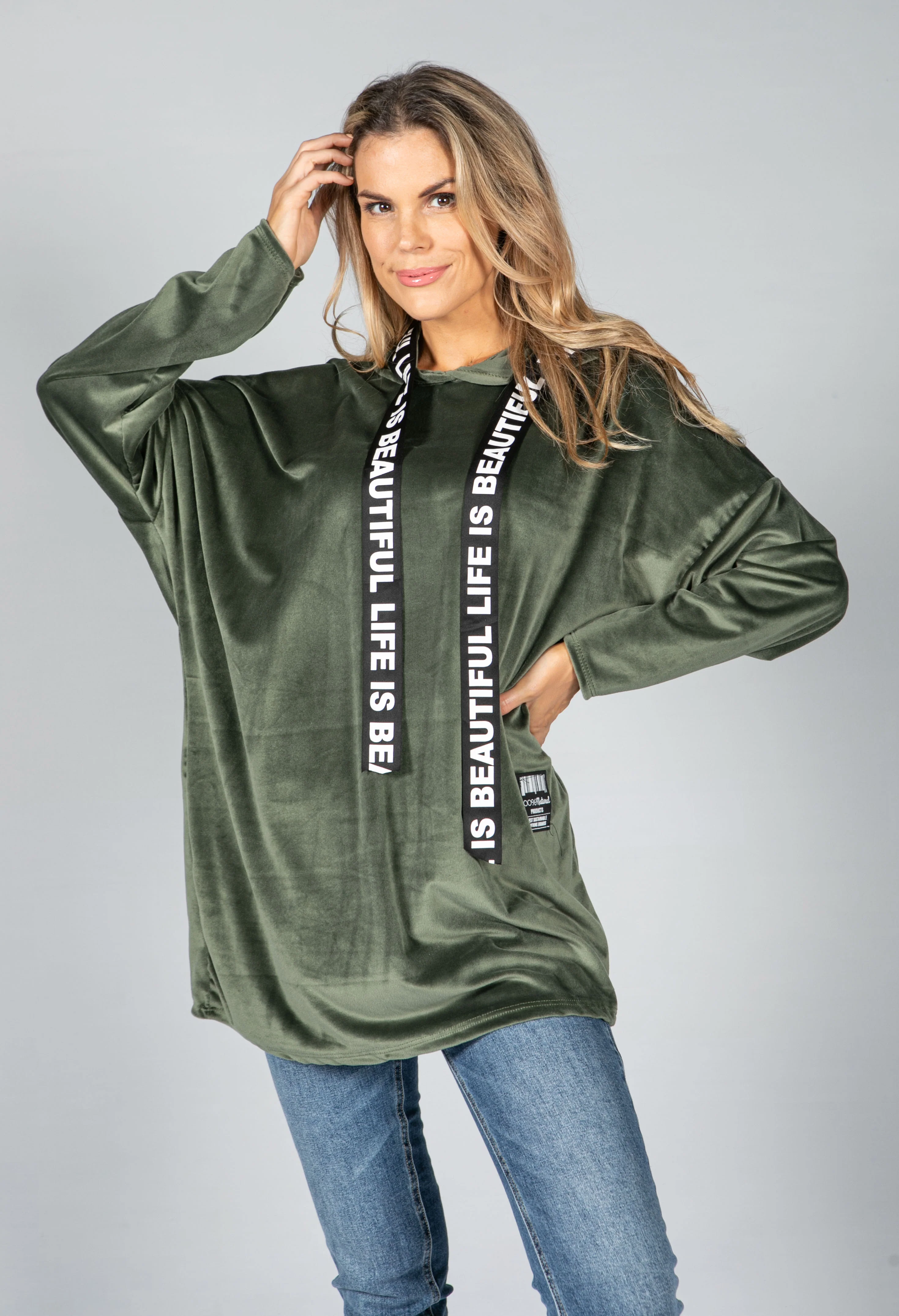 Velvet Logo Strap Hoodie in Khaki