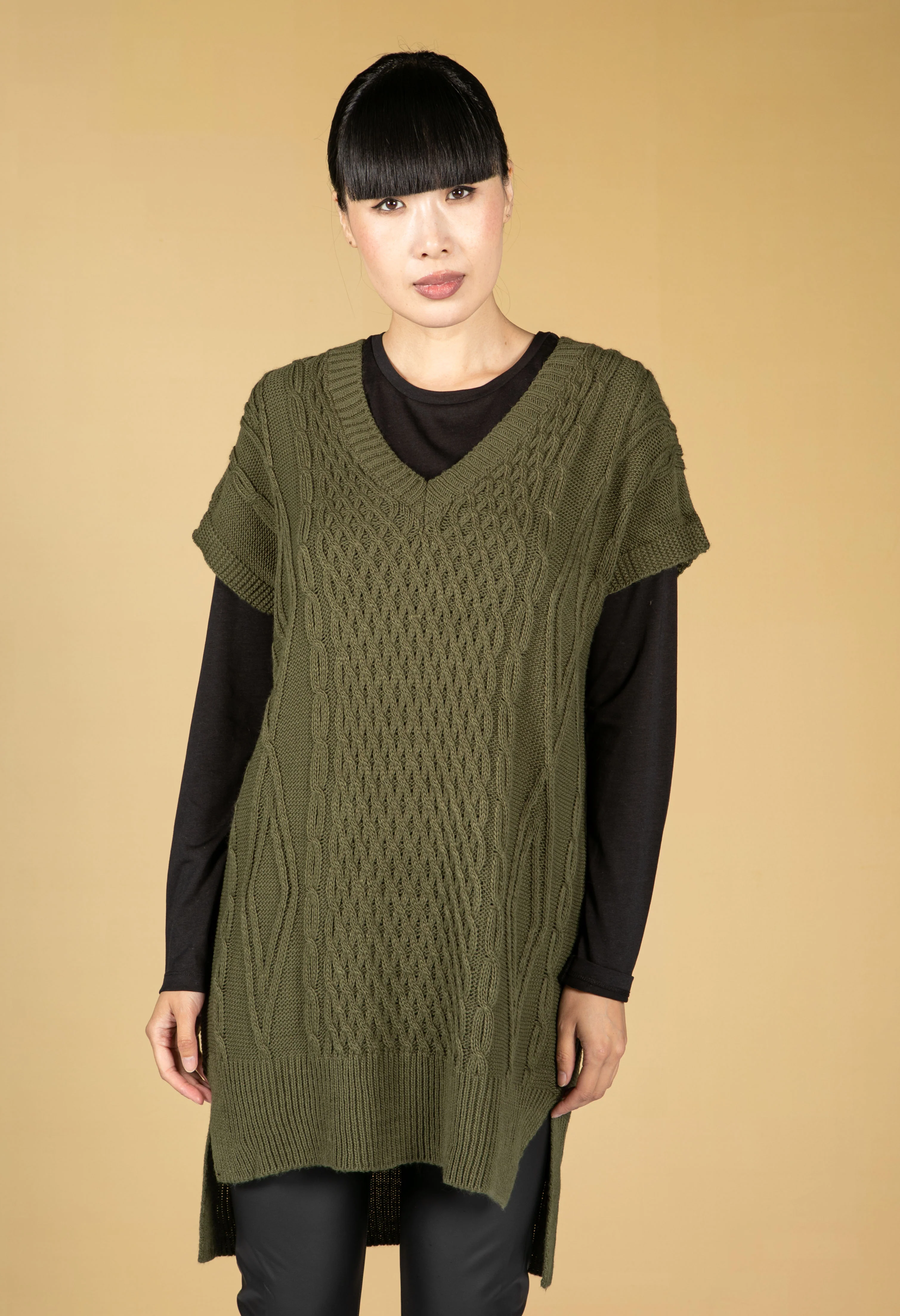 Oversized Cable Knit Sweater Vest in Khaki Green