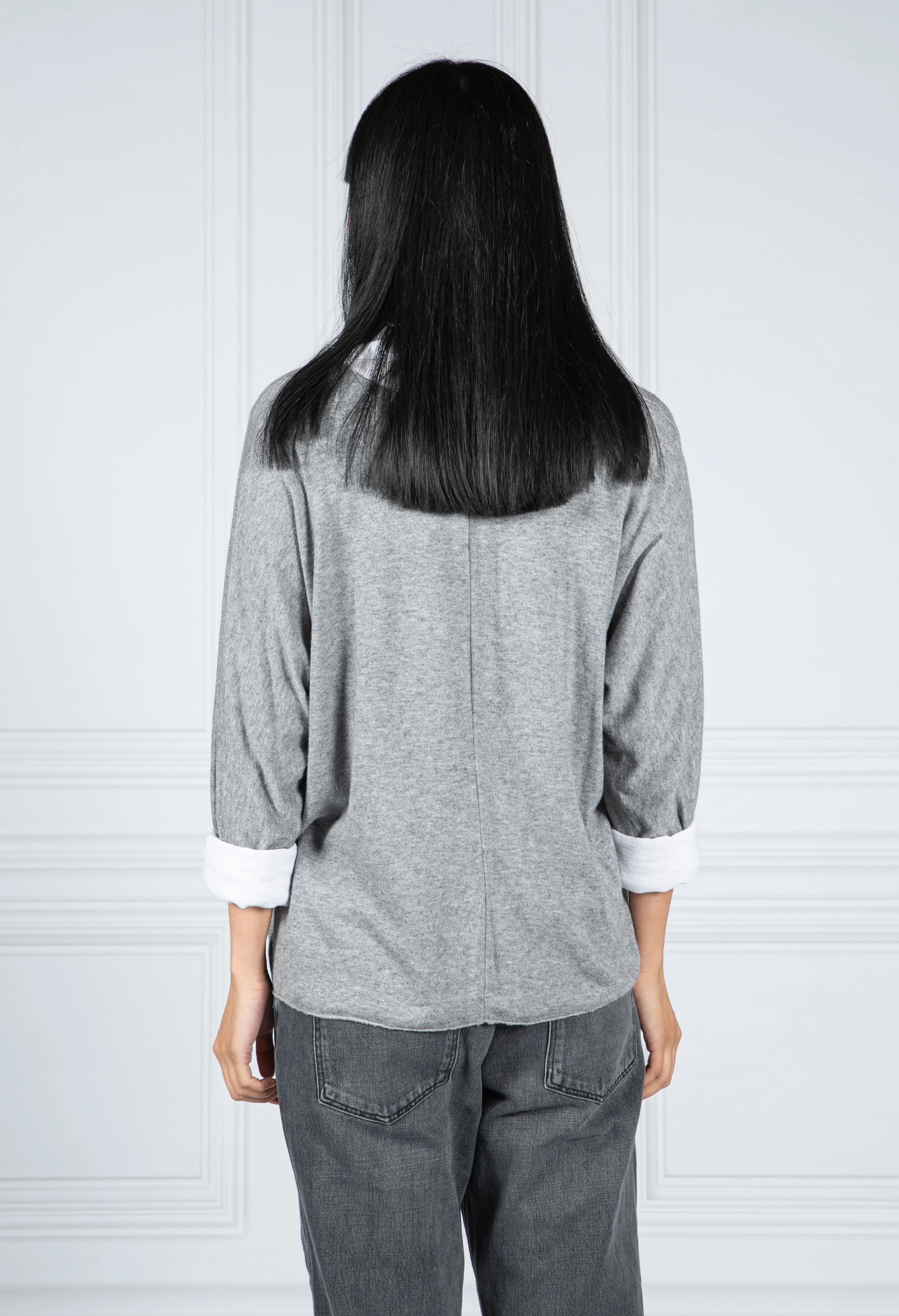 V NECK JUMPER WITH SHIRT DETAIL IN GREY