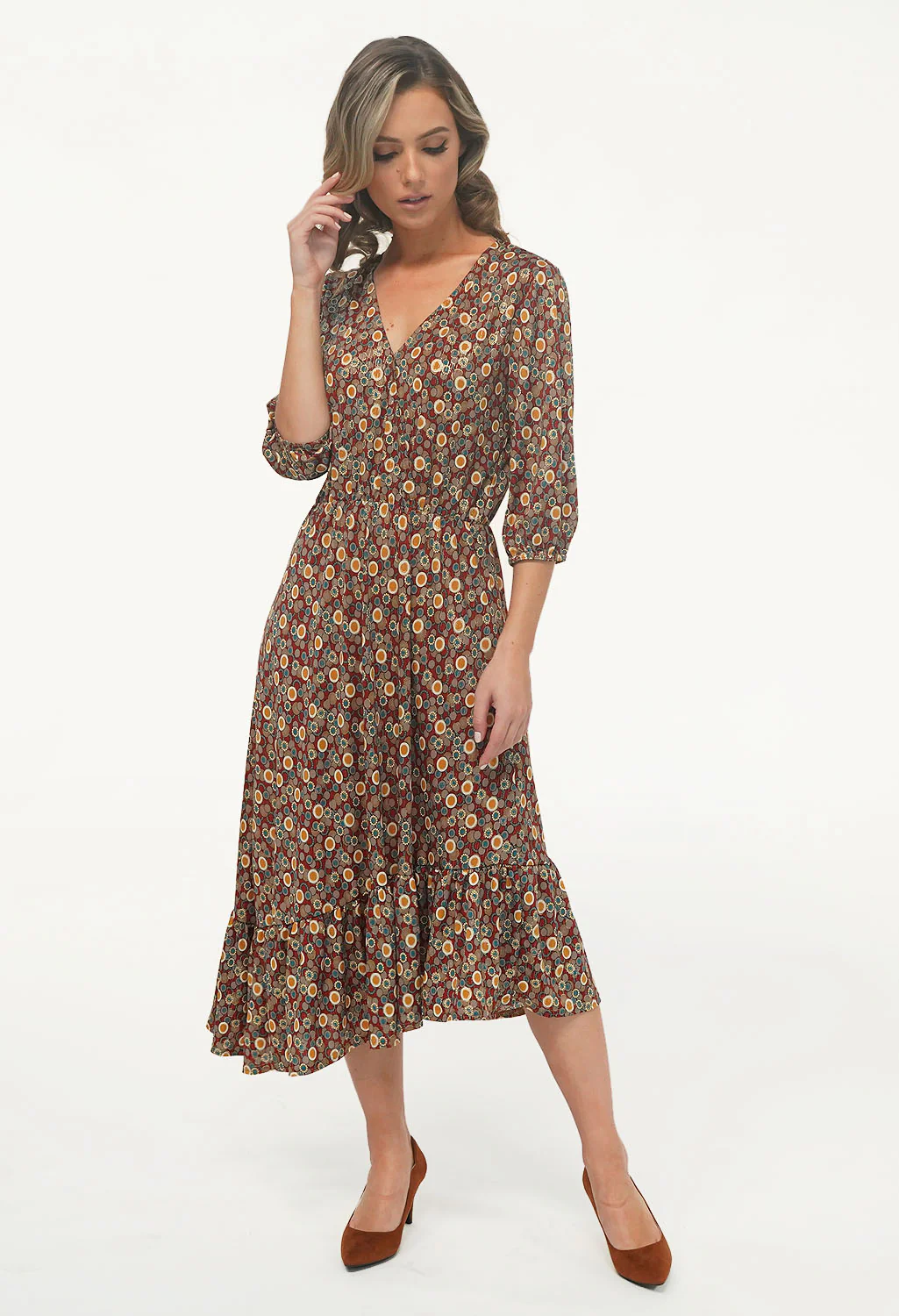 Rust/Gold Pattern Asymmetric Midi Dress