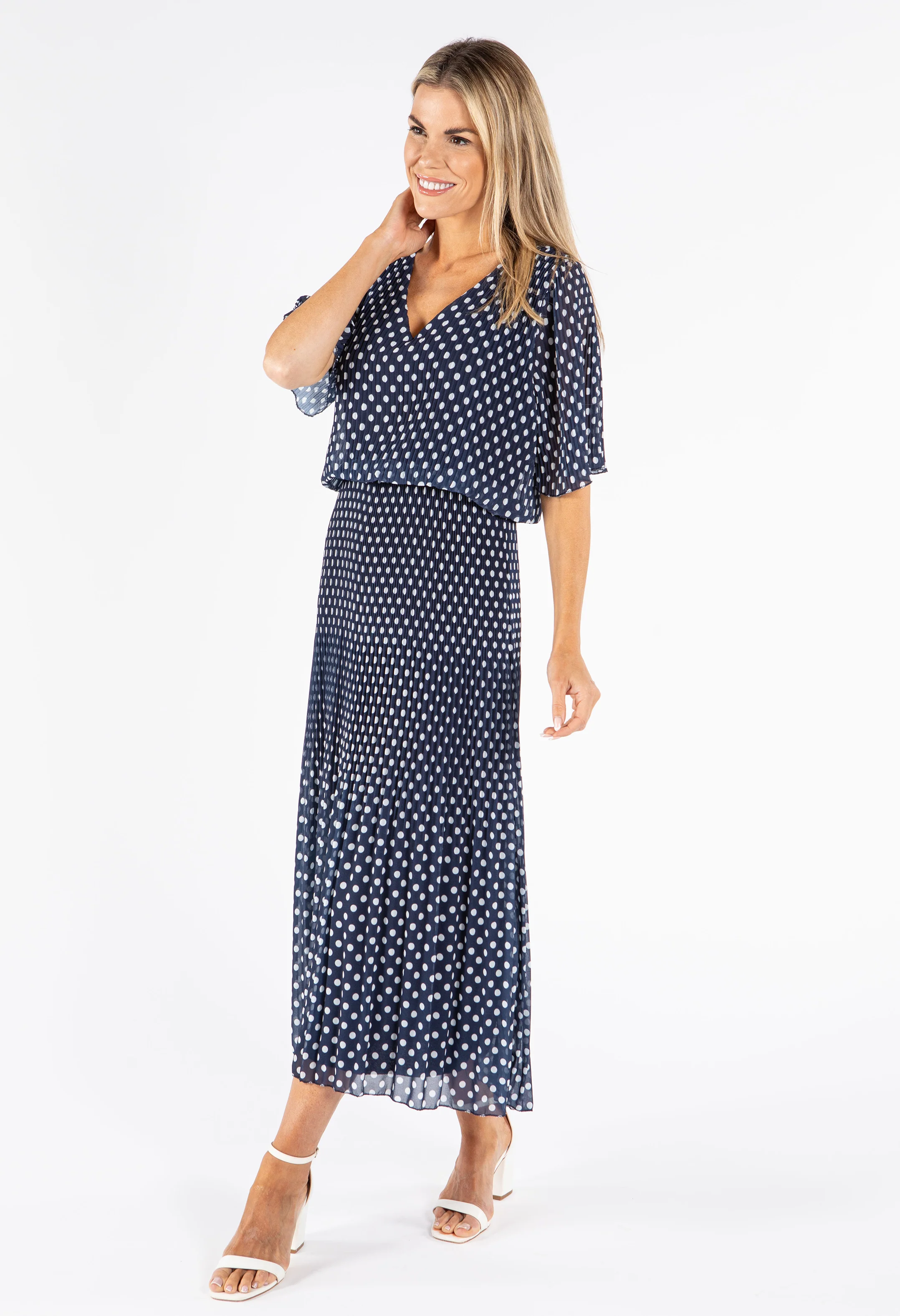 Plisse Pleat Polka Dot Maxi Dress