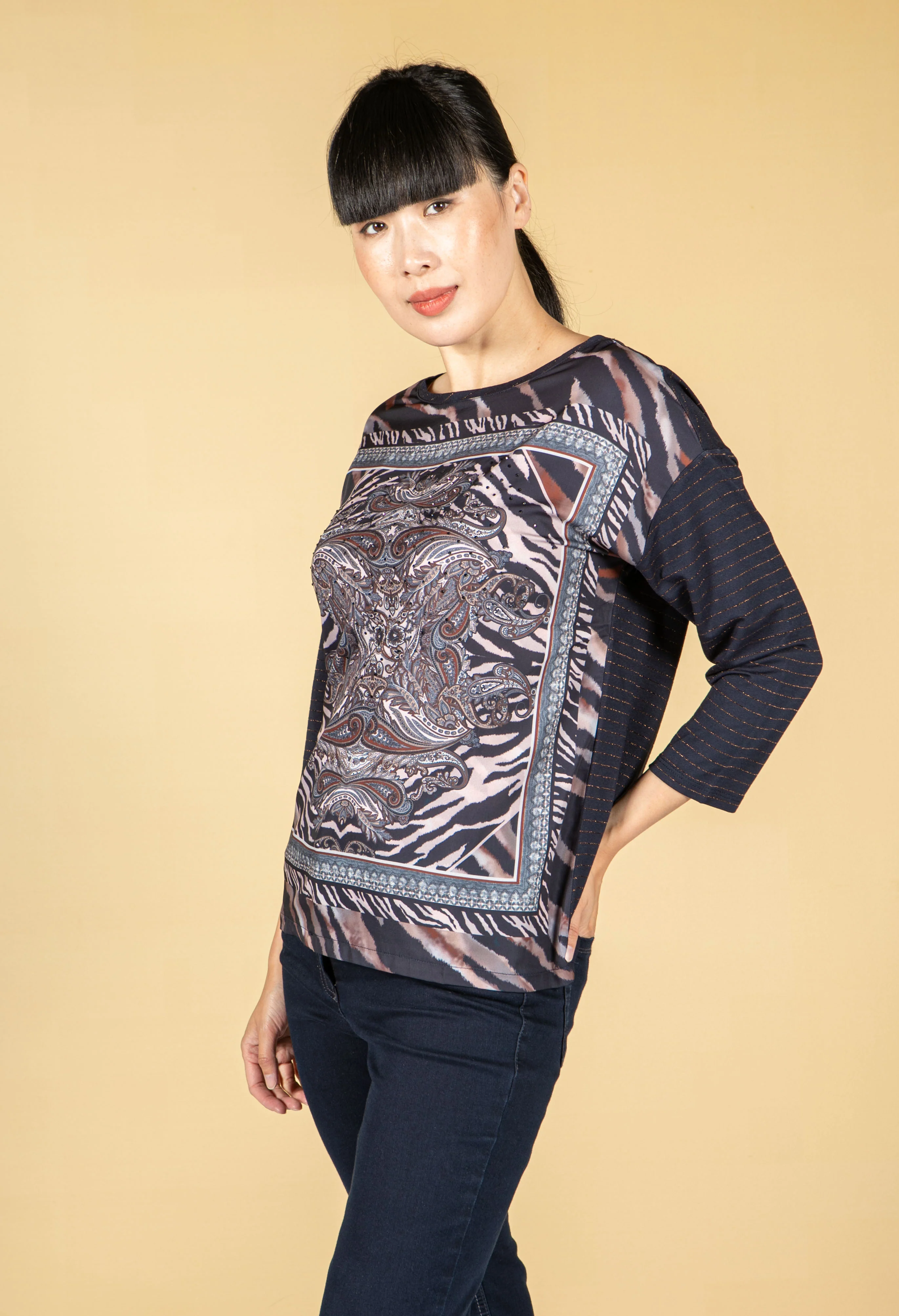 Vintage Paisley Print Rhinestone Top in Navy