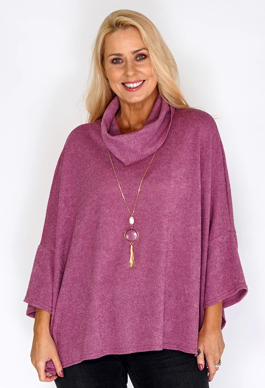 Pink Oversized Batwing Knit Jumper with Necklace Detail