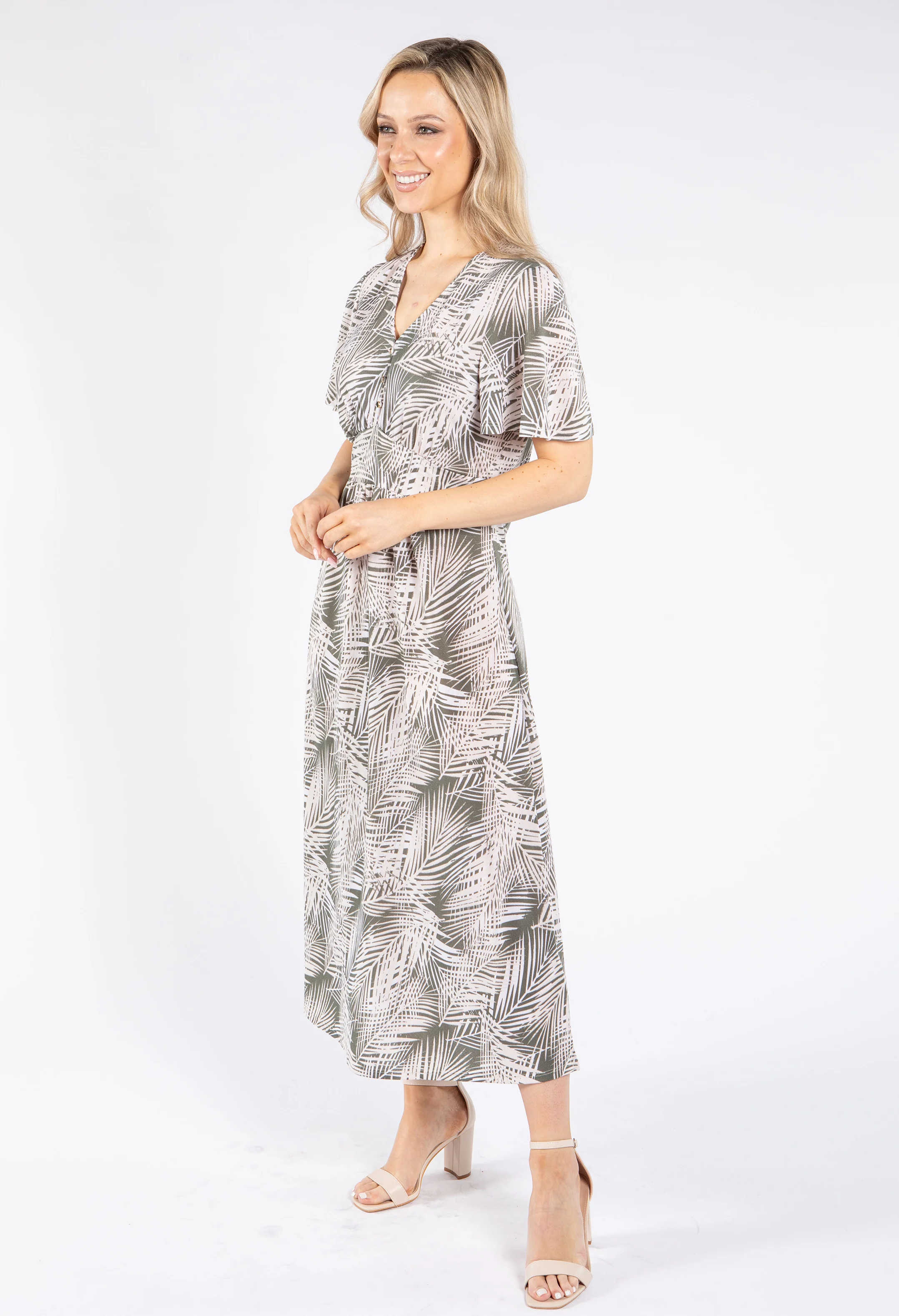 Palm Print V Neck Midi Dress
