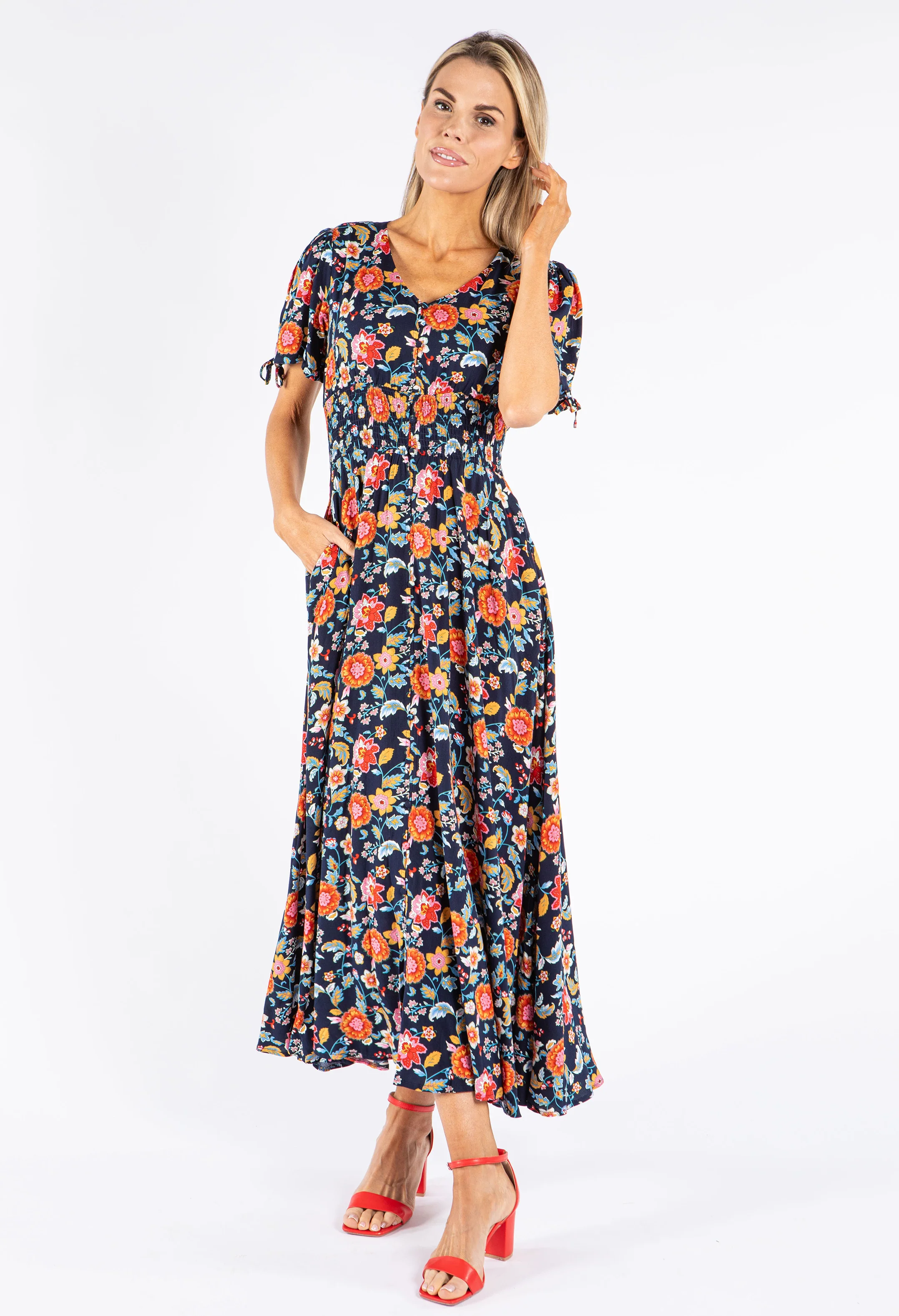 Floral Print Buttoned Midi Dress