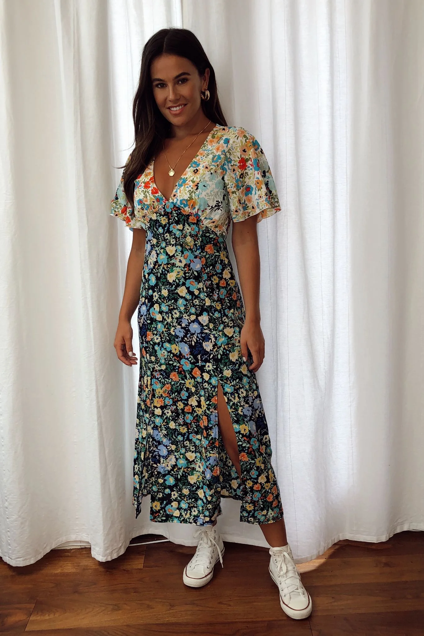 Angel Sleeve Split Leg Midi Dress Navy White Mixed Print