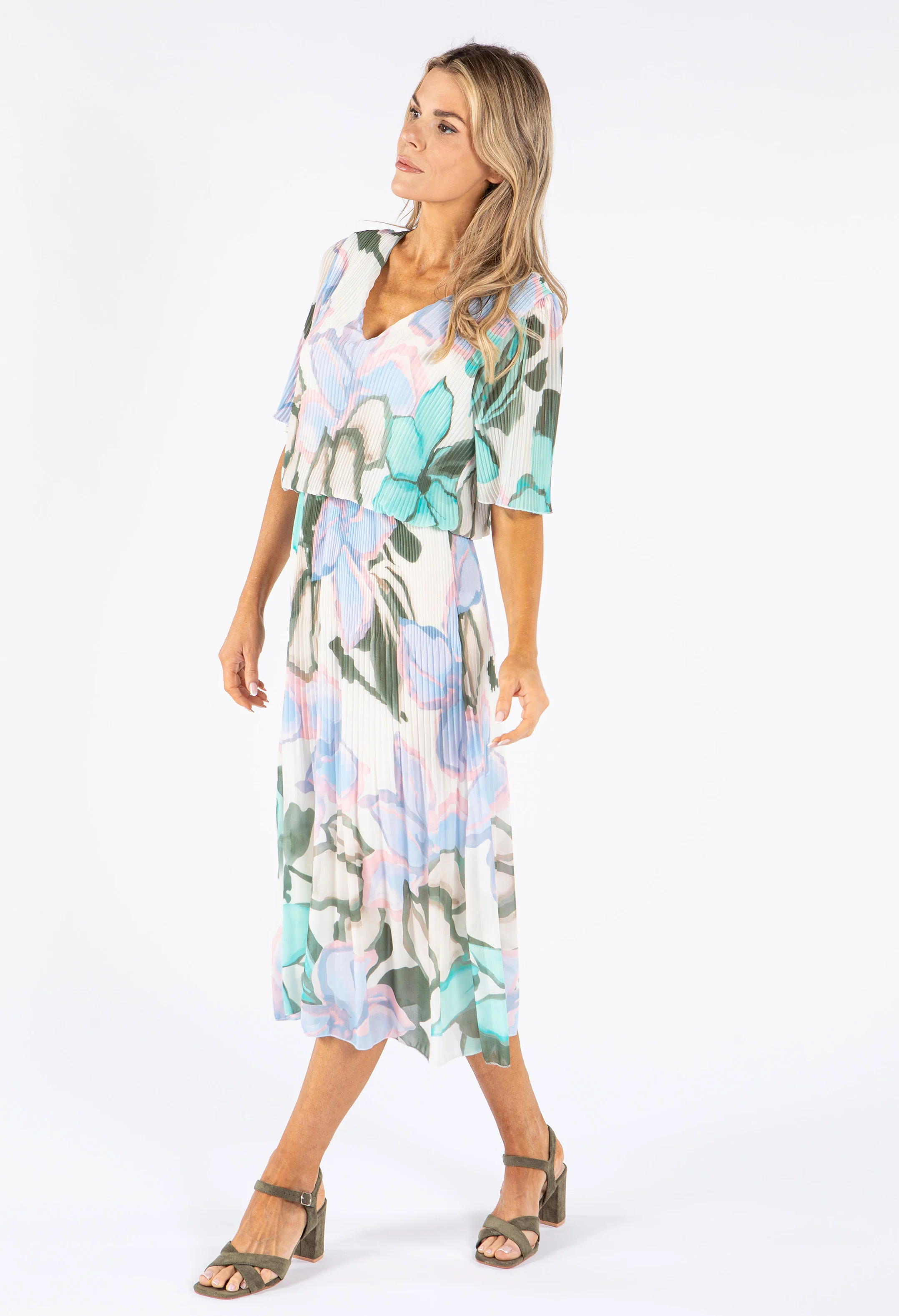 Floral Plisse Pleated Pop Over Dress