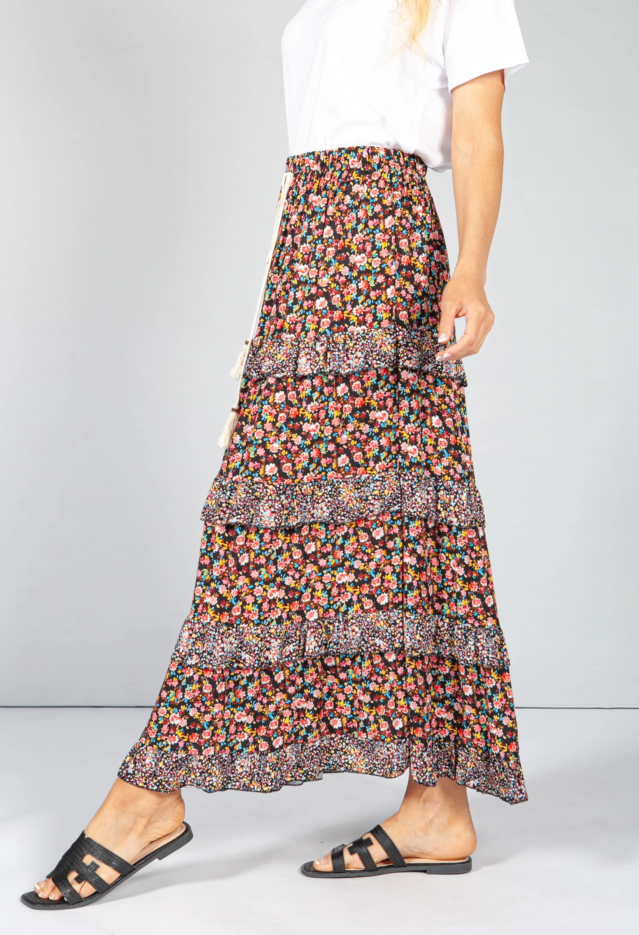 Red & Black Floral Maxi Skirt
