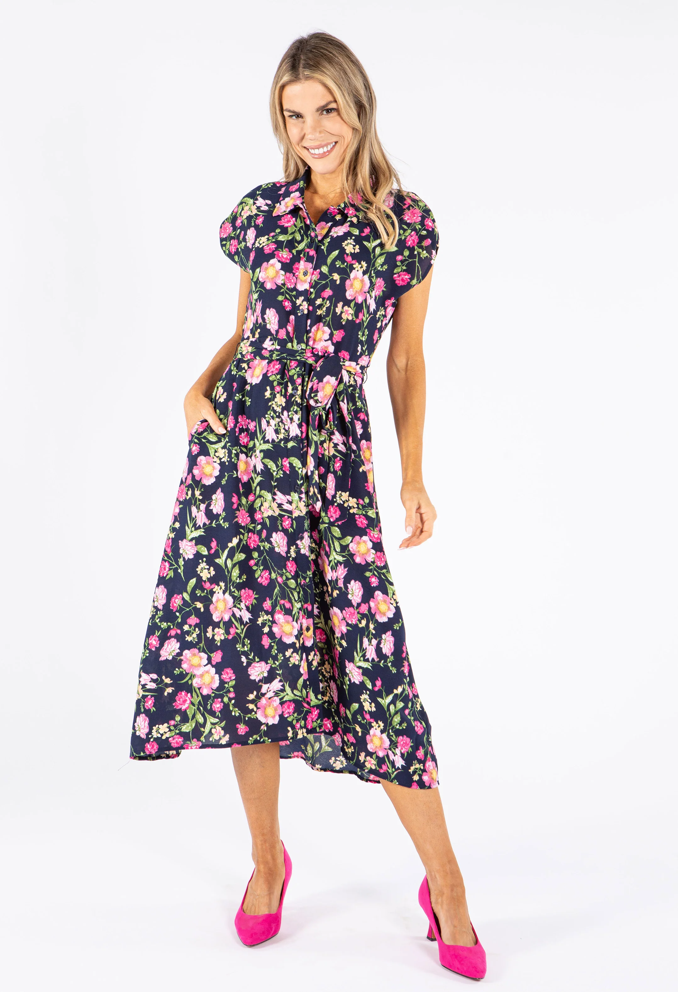 Midi Floral Print Shirt Dress