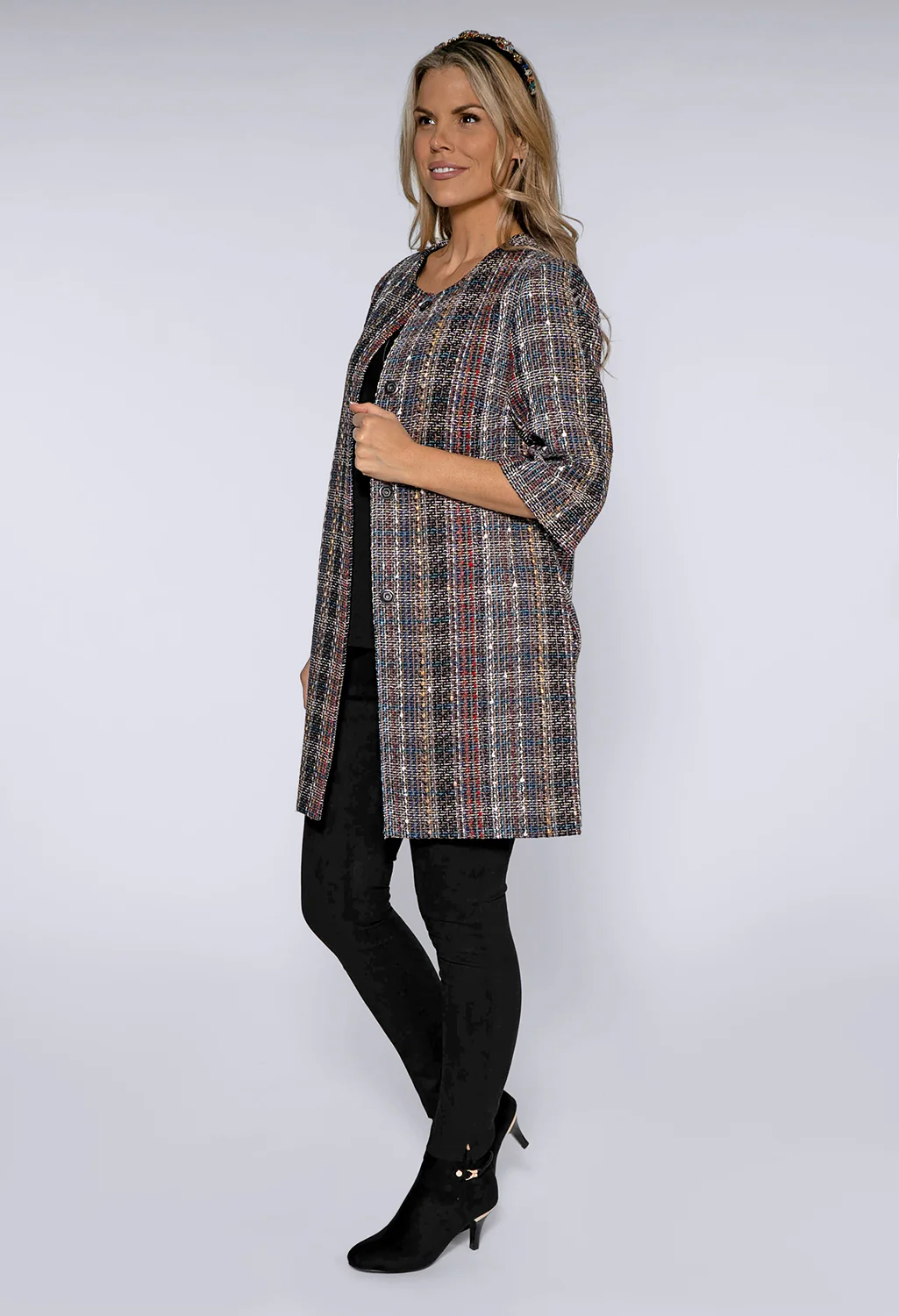 Black Rocha Lux Tweed Long Jacket with Gold Lining