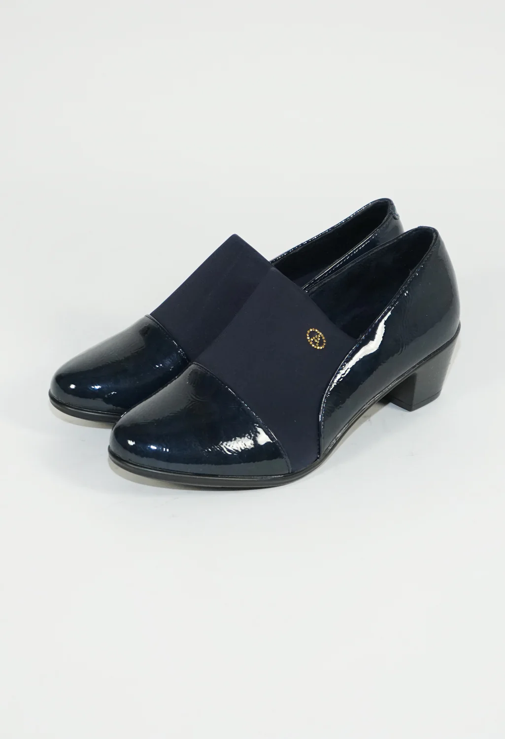 NAVY ELASTICATED SLIP ON BLOCK HEEL