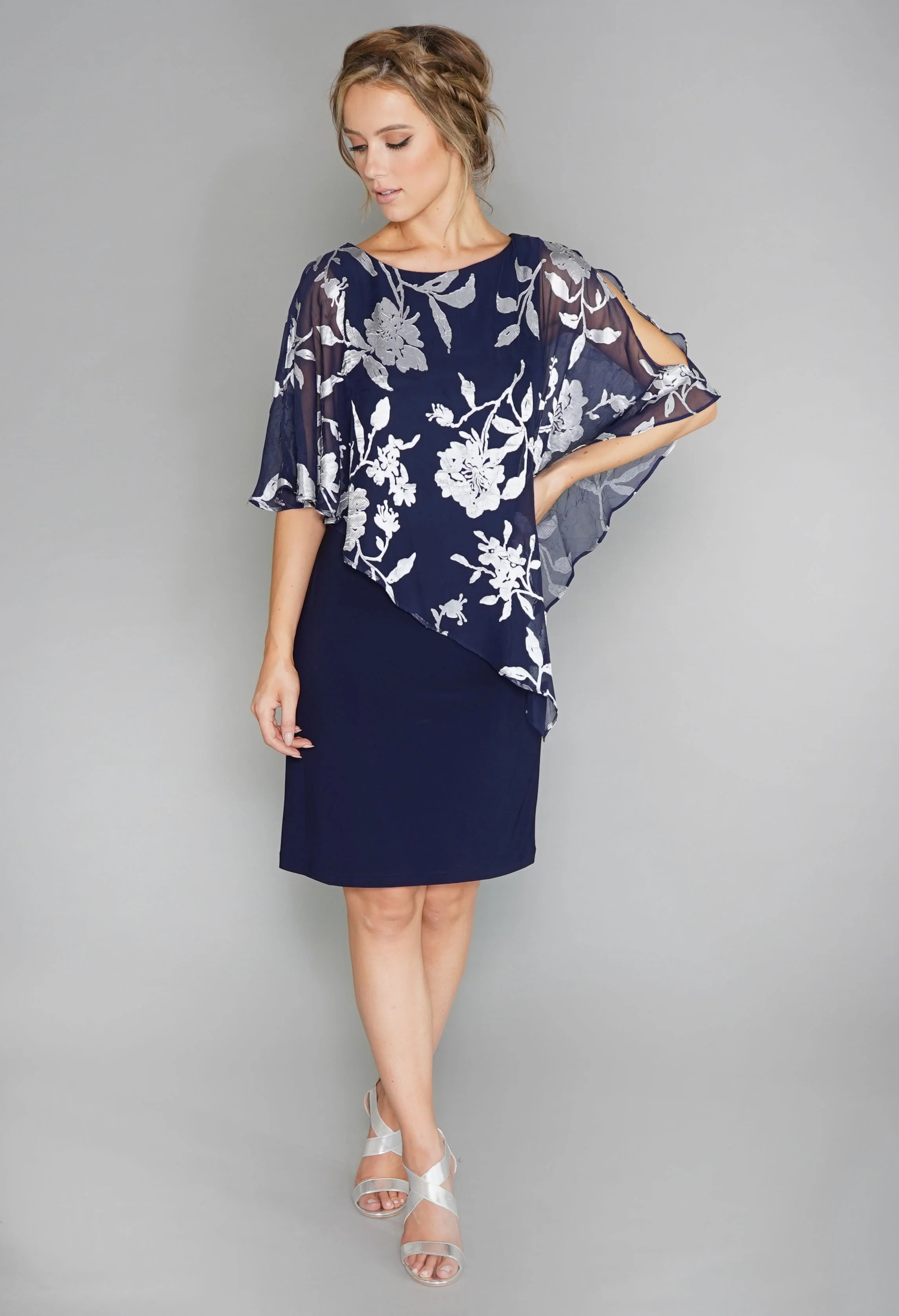 Navy and Silver Chiffon Cape Dress