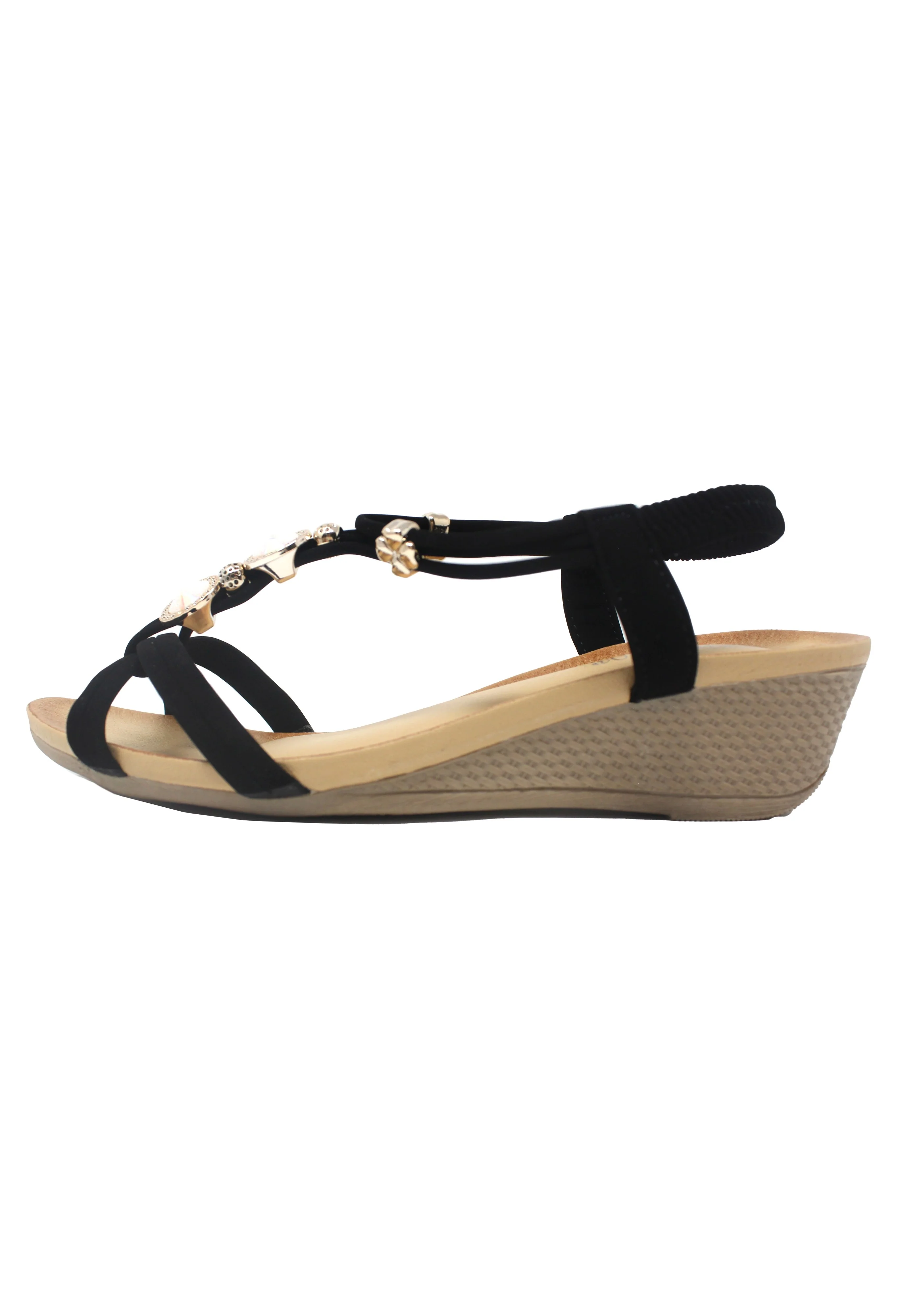 Black Lightweight T Strap Wedge Sandal