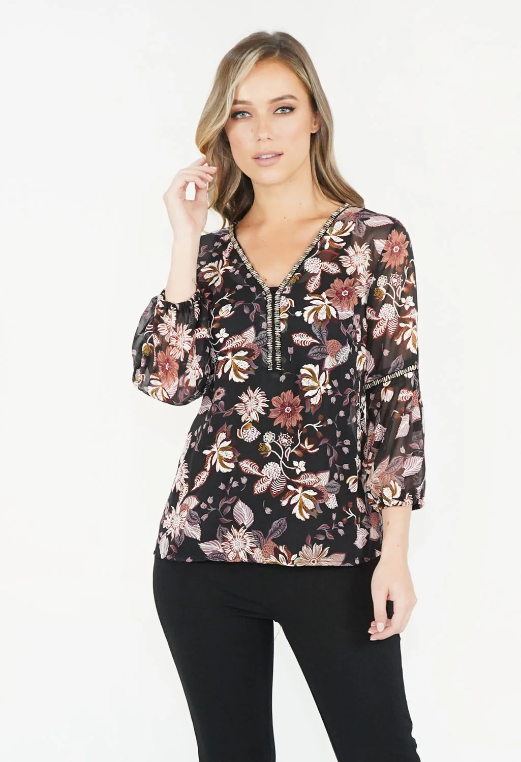 Fushia Floral Print Bead Detail Top