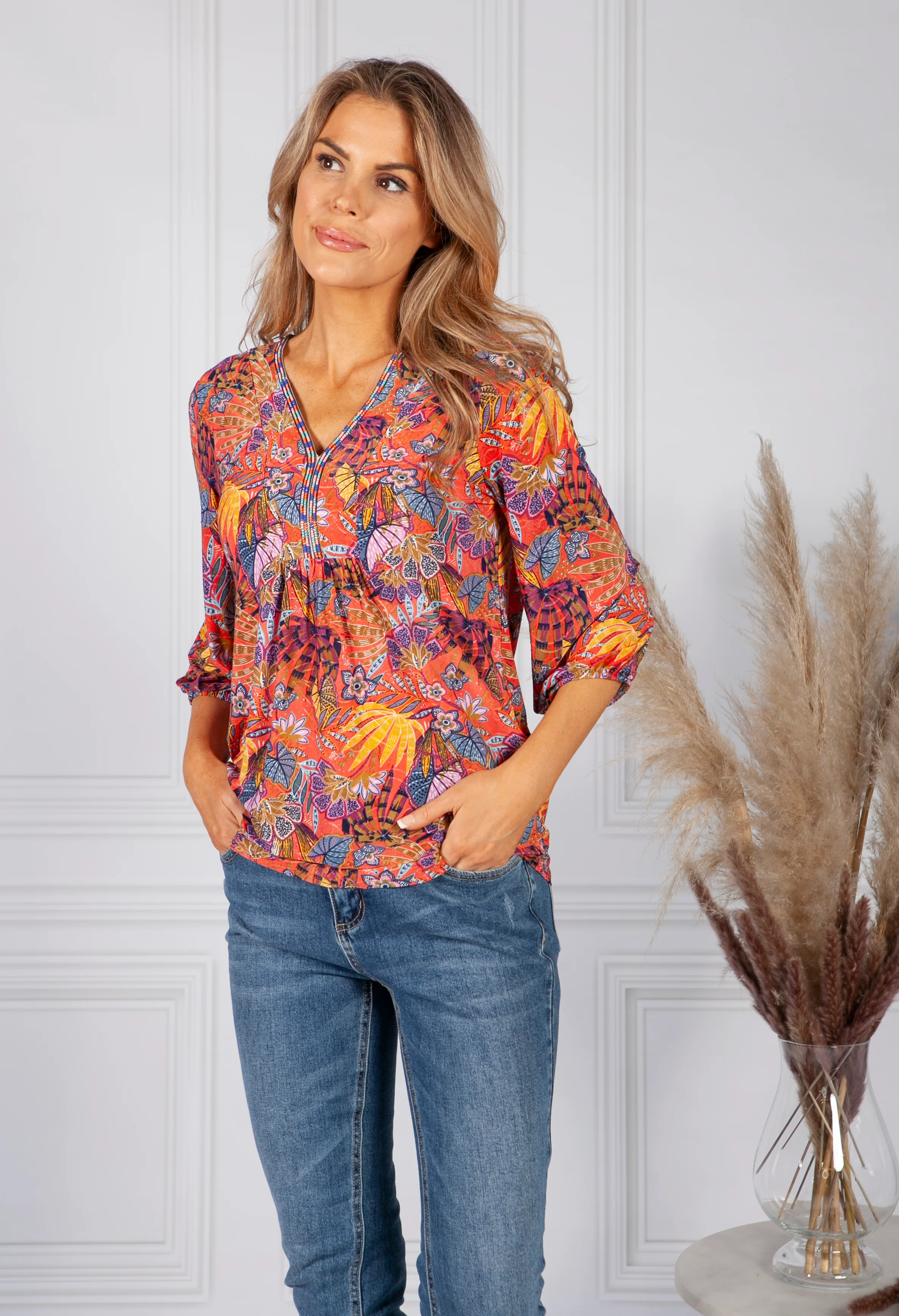Vintage Floral Print Blouse in Coral