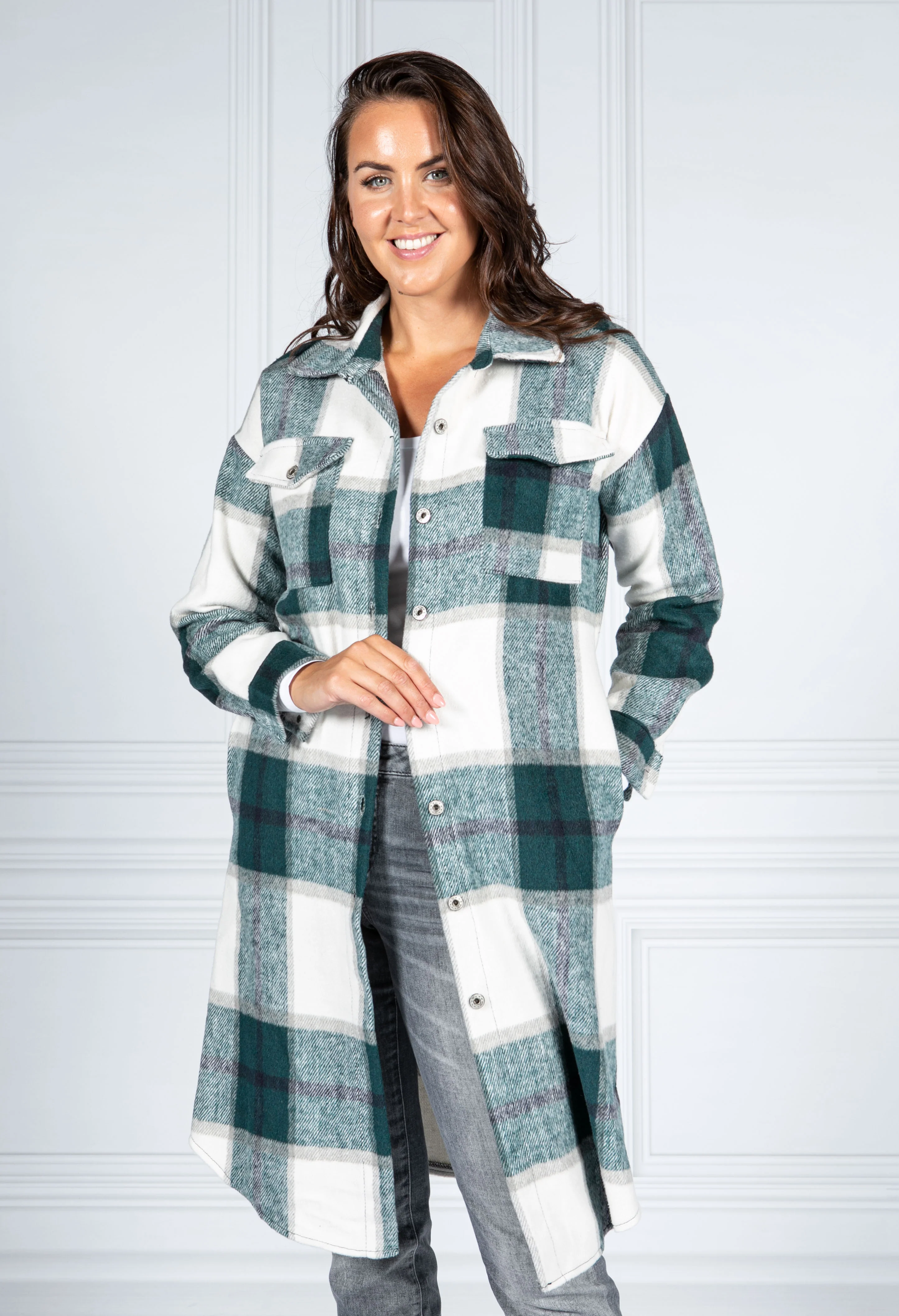 Bottle Green Checked Midi Coat