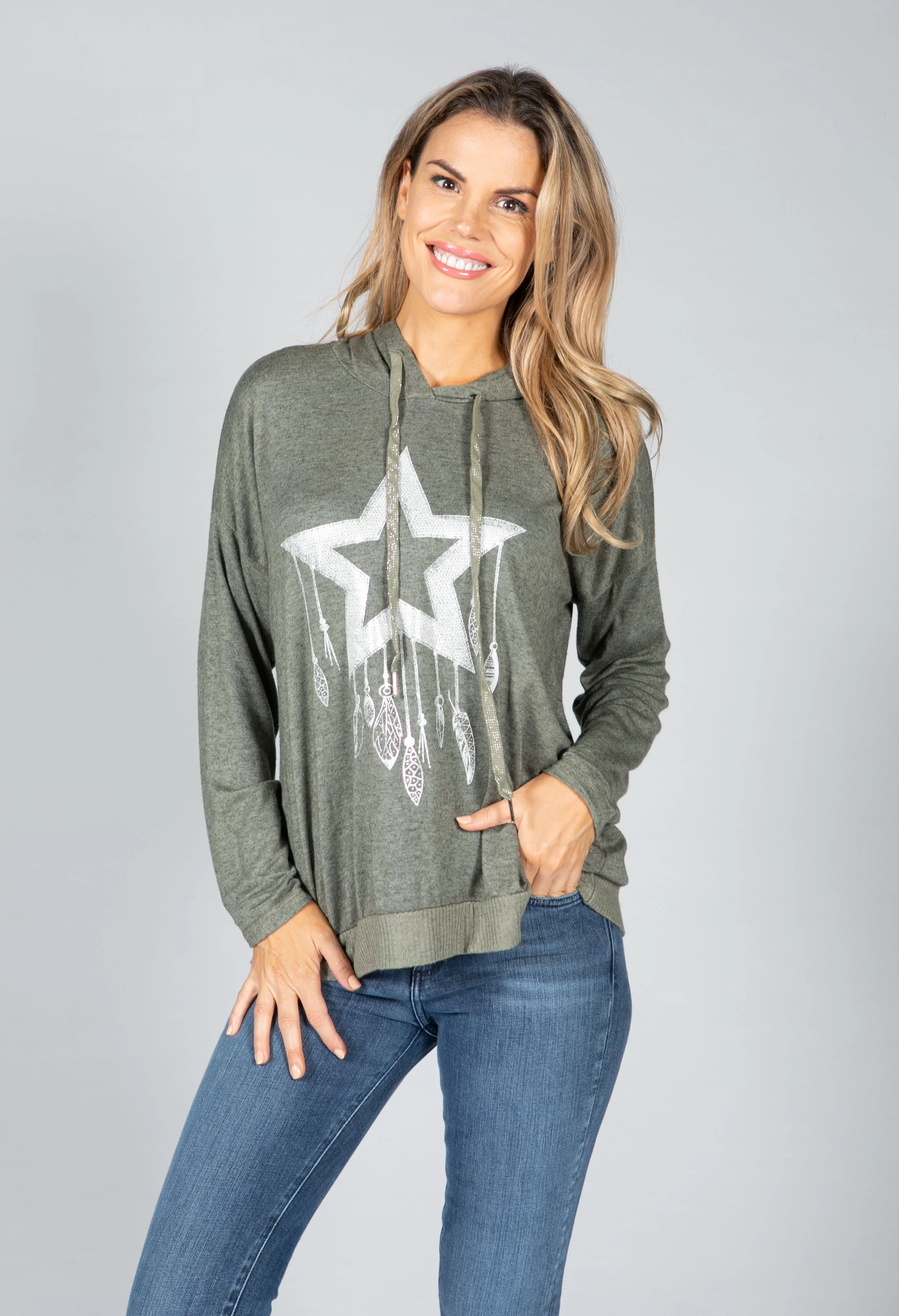 Metallic Star Design Hoodie in Faded Khaki