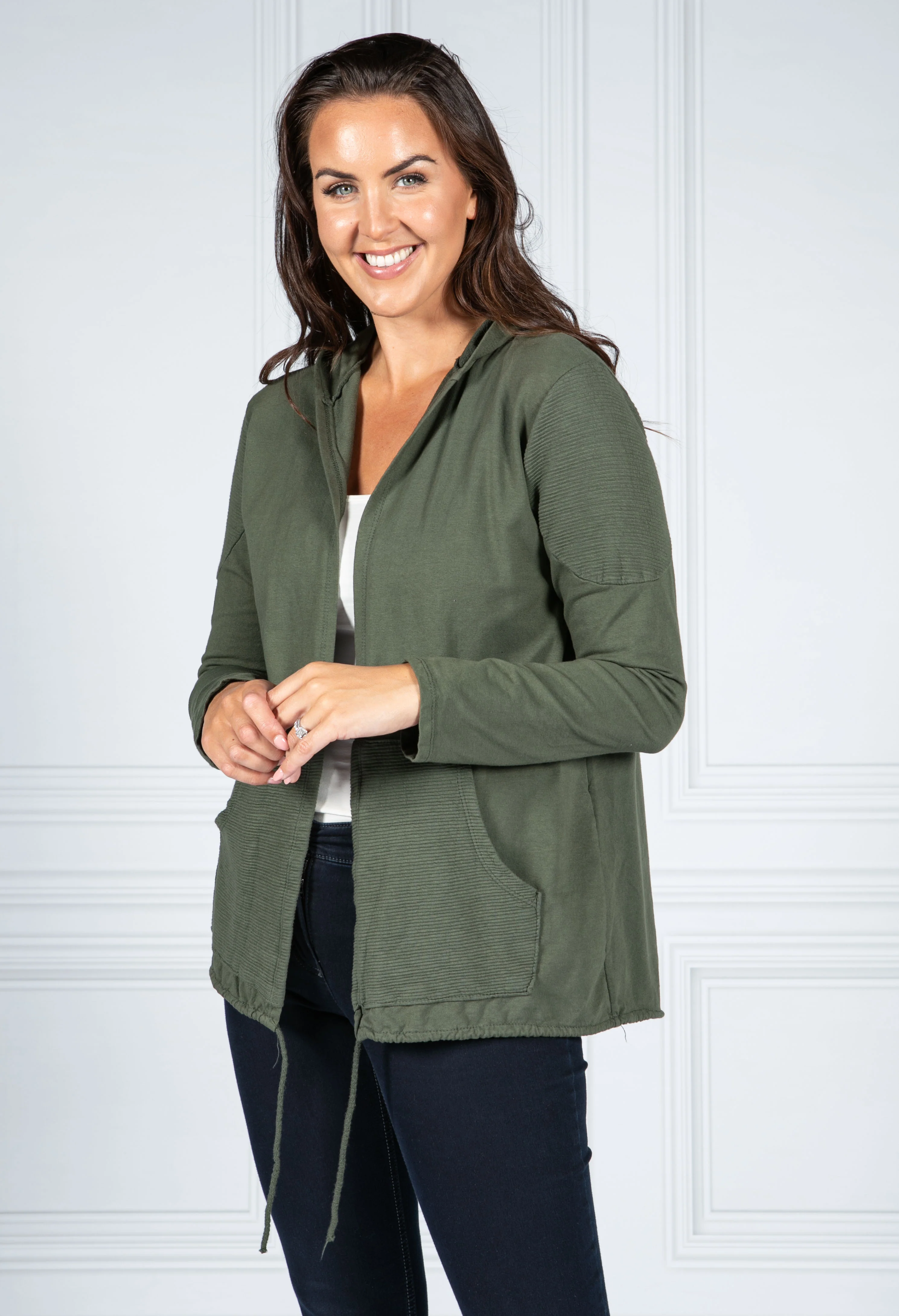 PAMELA SCOTT OPEN HOODED CARDIGAN KHAKI