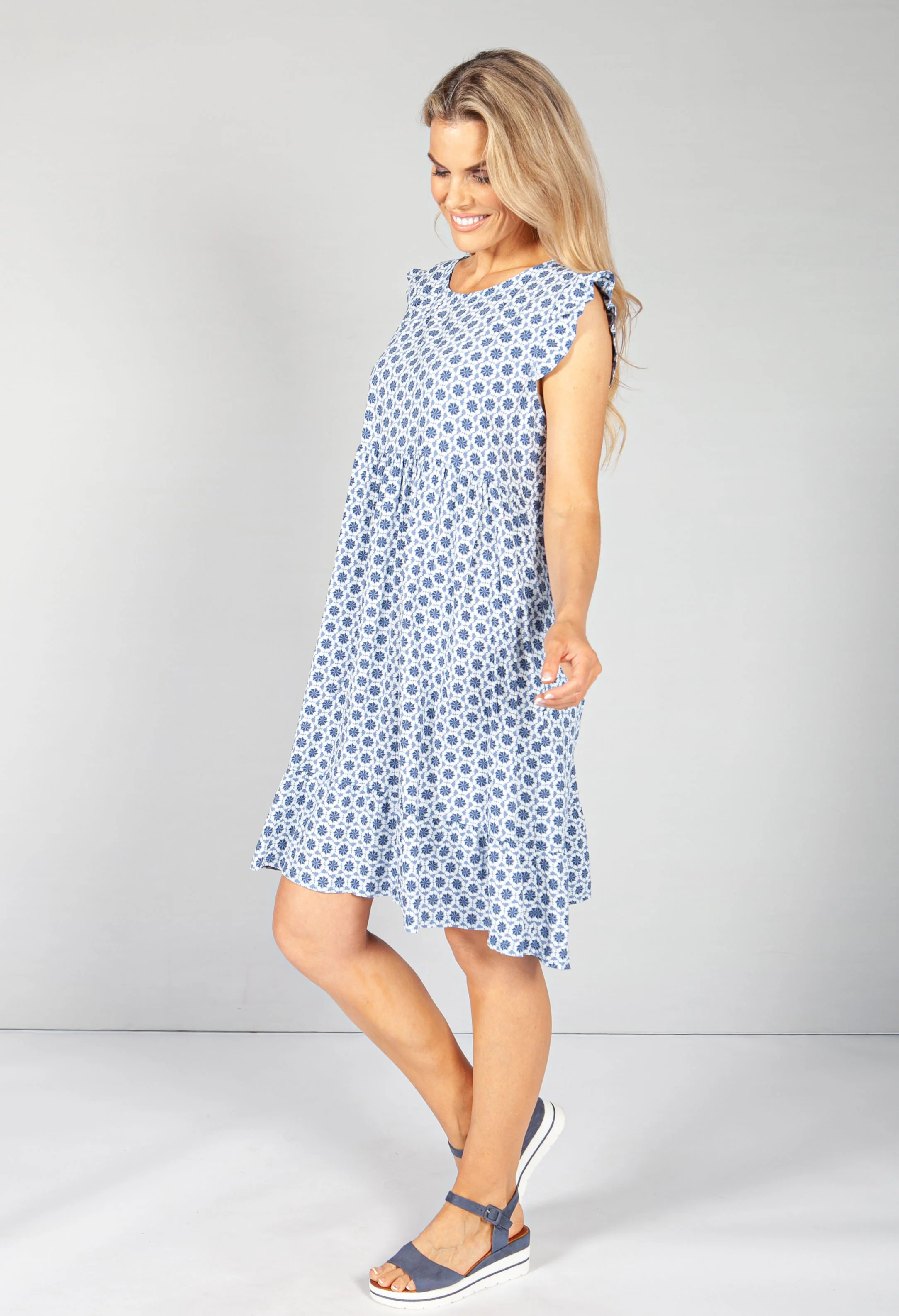 Blue 70's Print Smock Dress