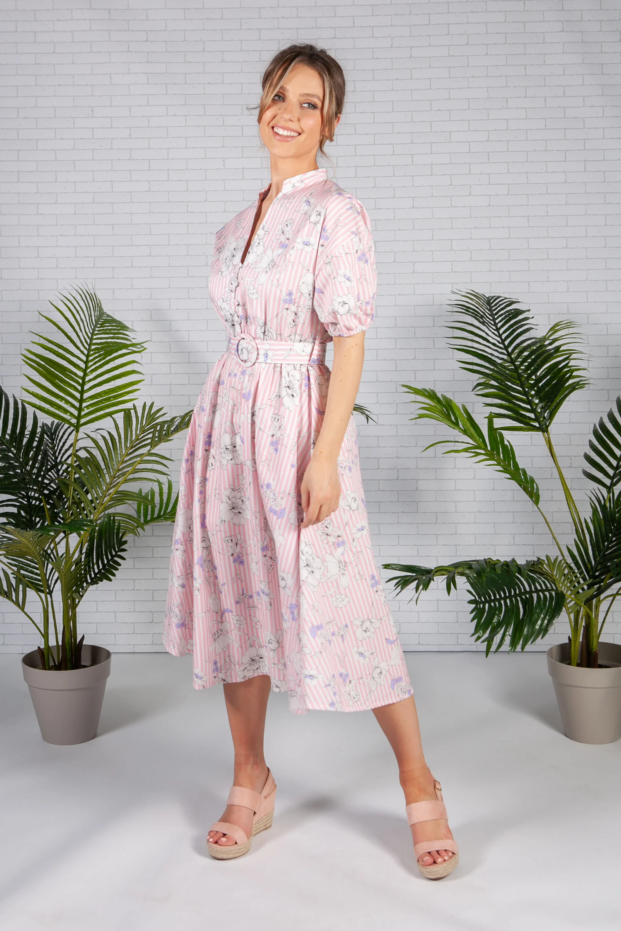 Pink Stripe Floral Print Midi Dress