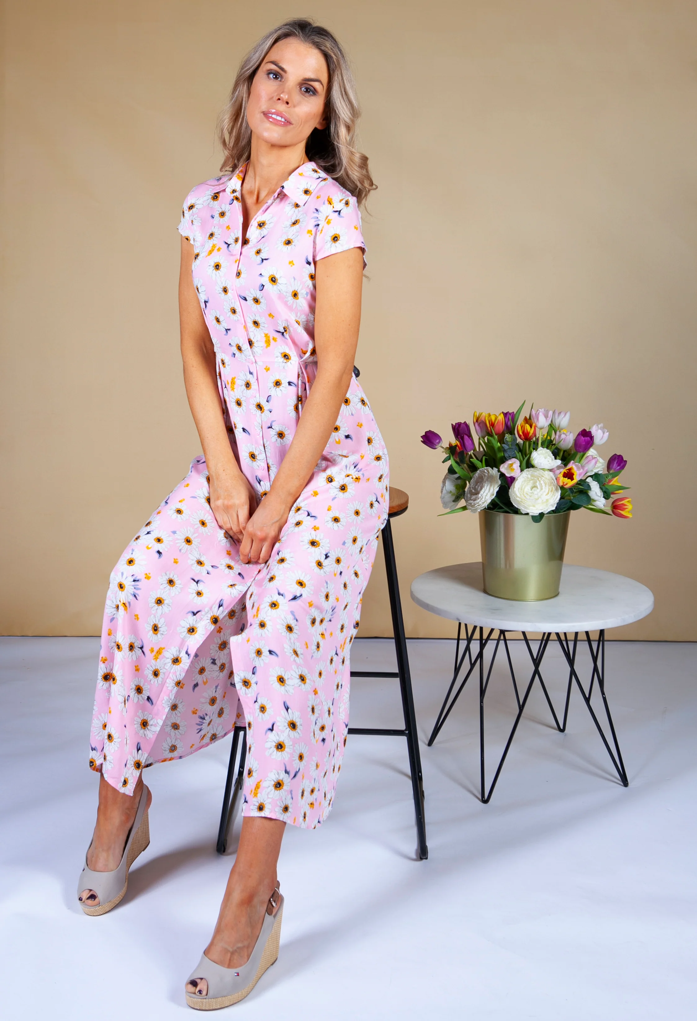 Daisy Print Shirt Dress in Pink