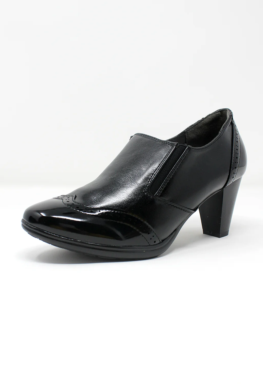 Black Faux Leather & Patent Pull-On Elasticated Shoe