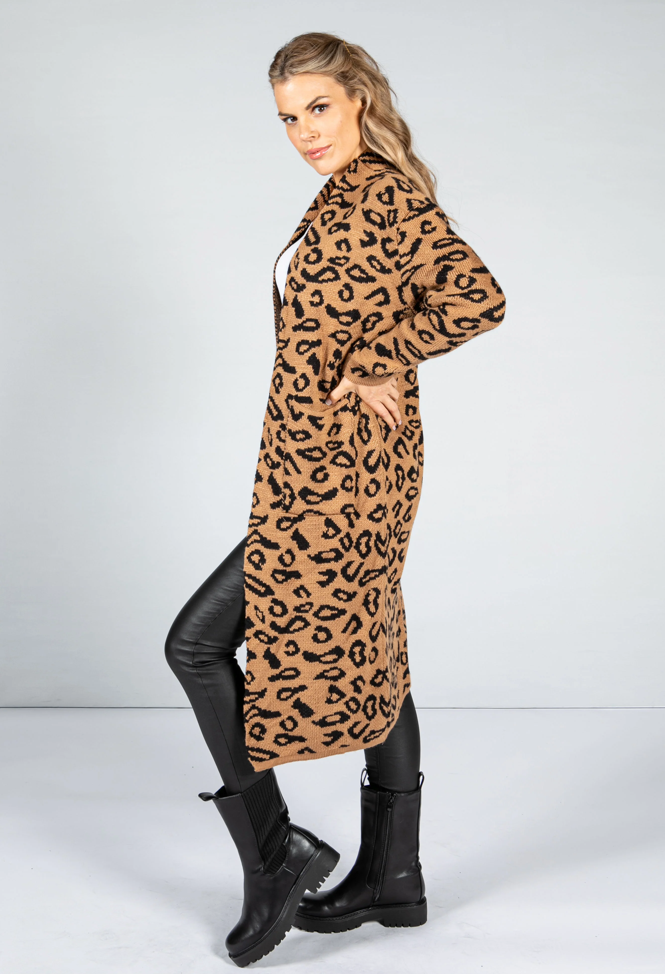Leopard Design Long Cardi in Camel