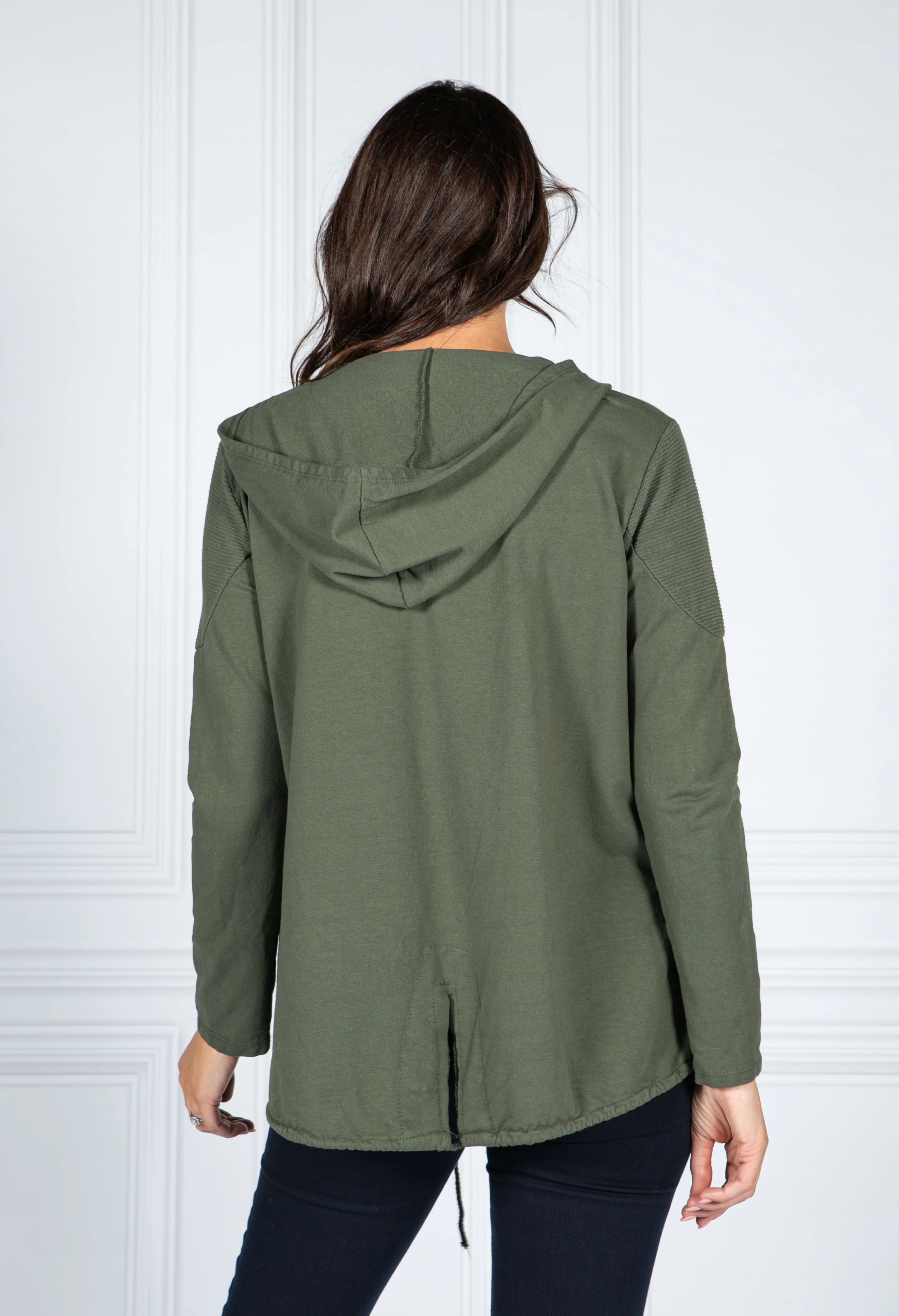 PAMELA SCOTT OPEN HOODED CARDIGAN KHAKI