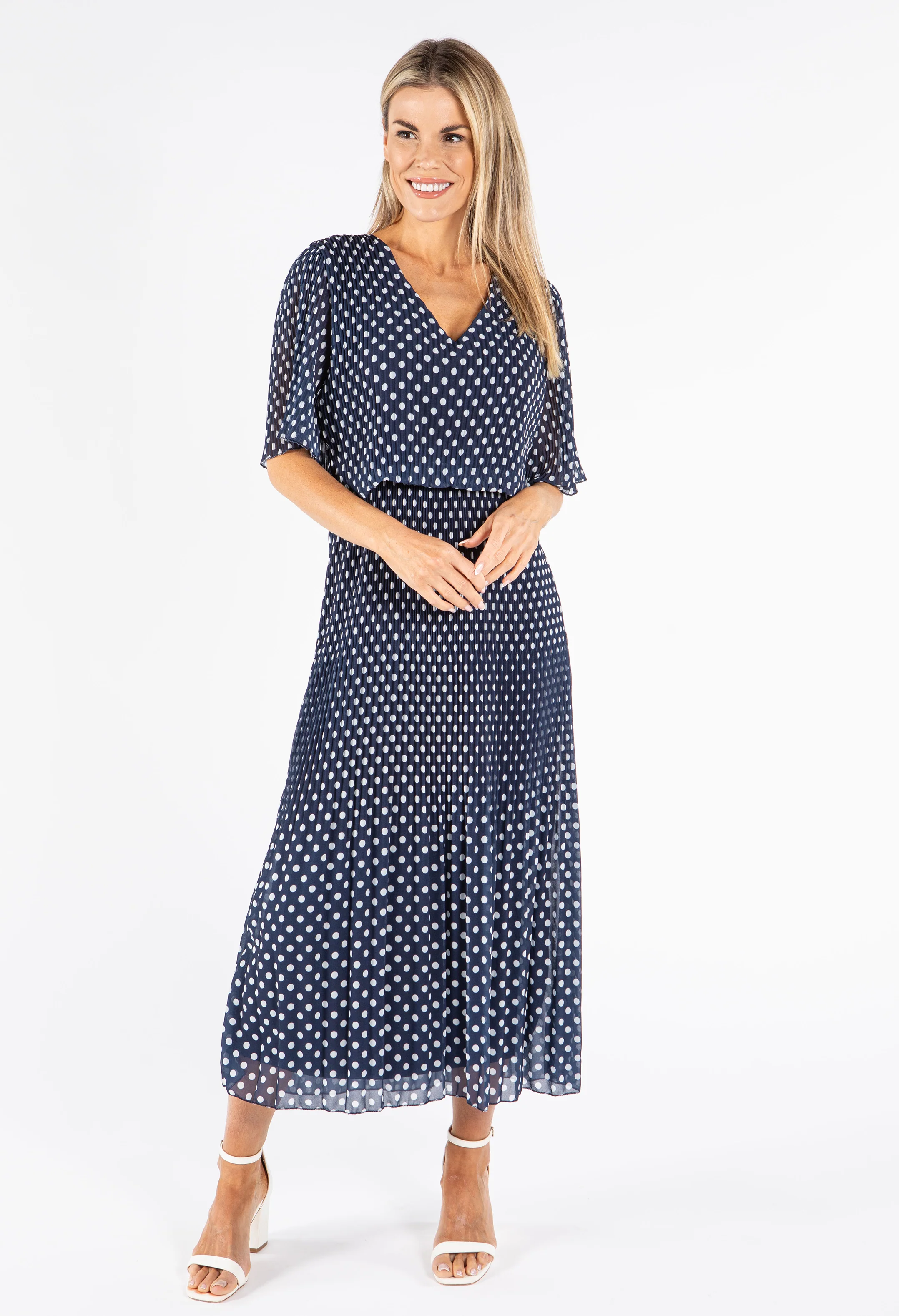 Plisse Pleat Polka Dot Maxi Dress