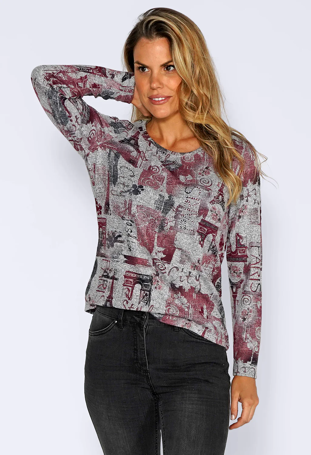 Grey Knit Top with Paris Print