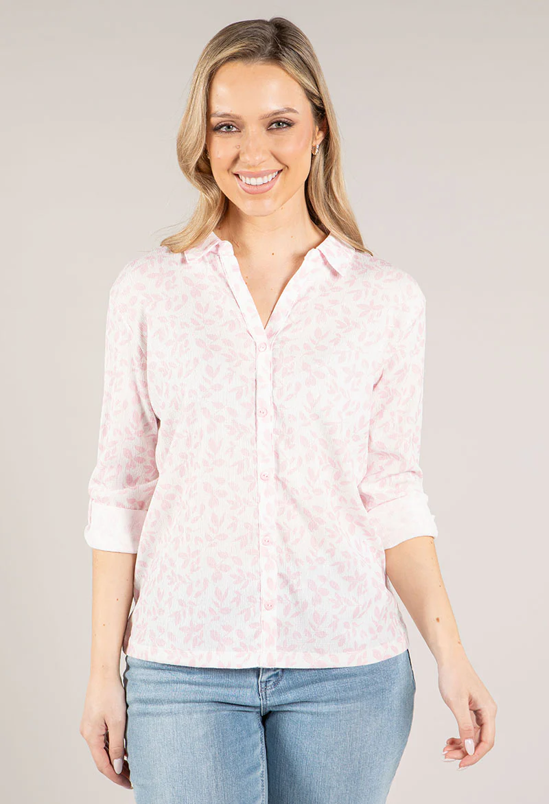 Soft Leaf Print Buttoned Blouse with Sleeves