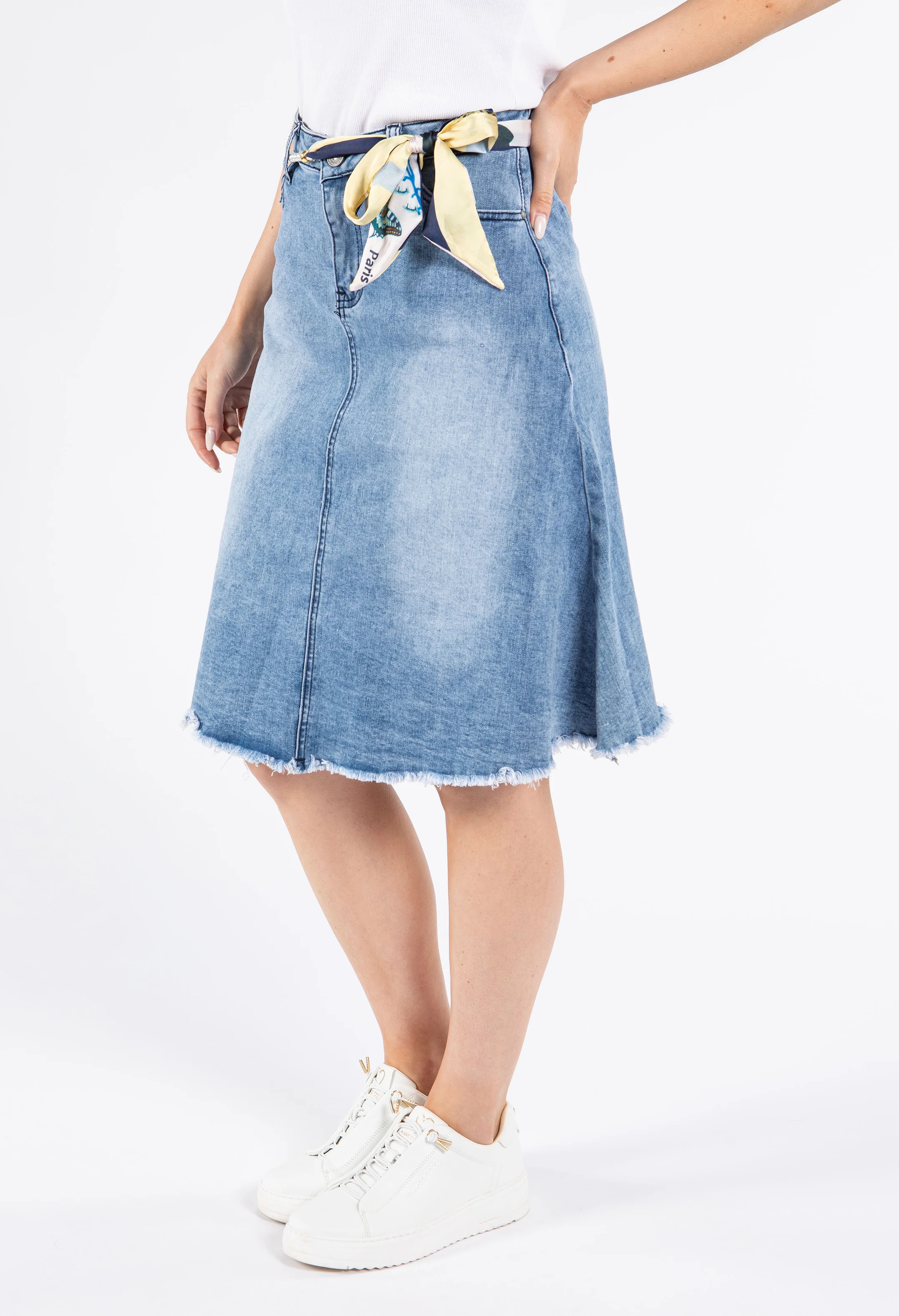 Pearl Satin Belt Denim Skirt