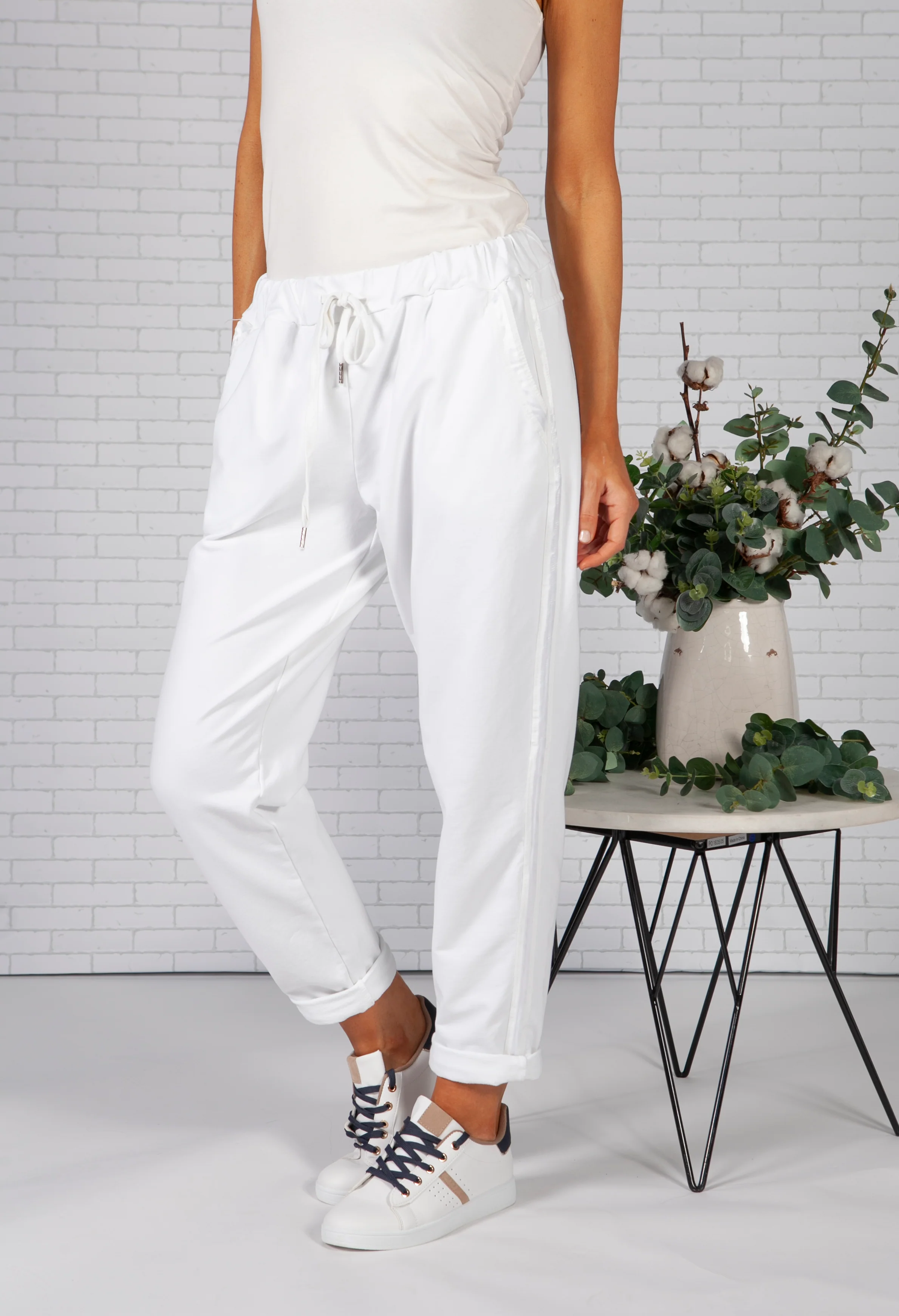 White Joggers with Satin Detail Side Stripe