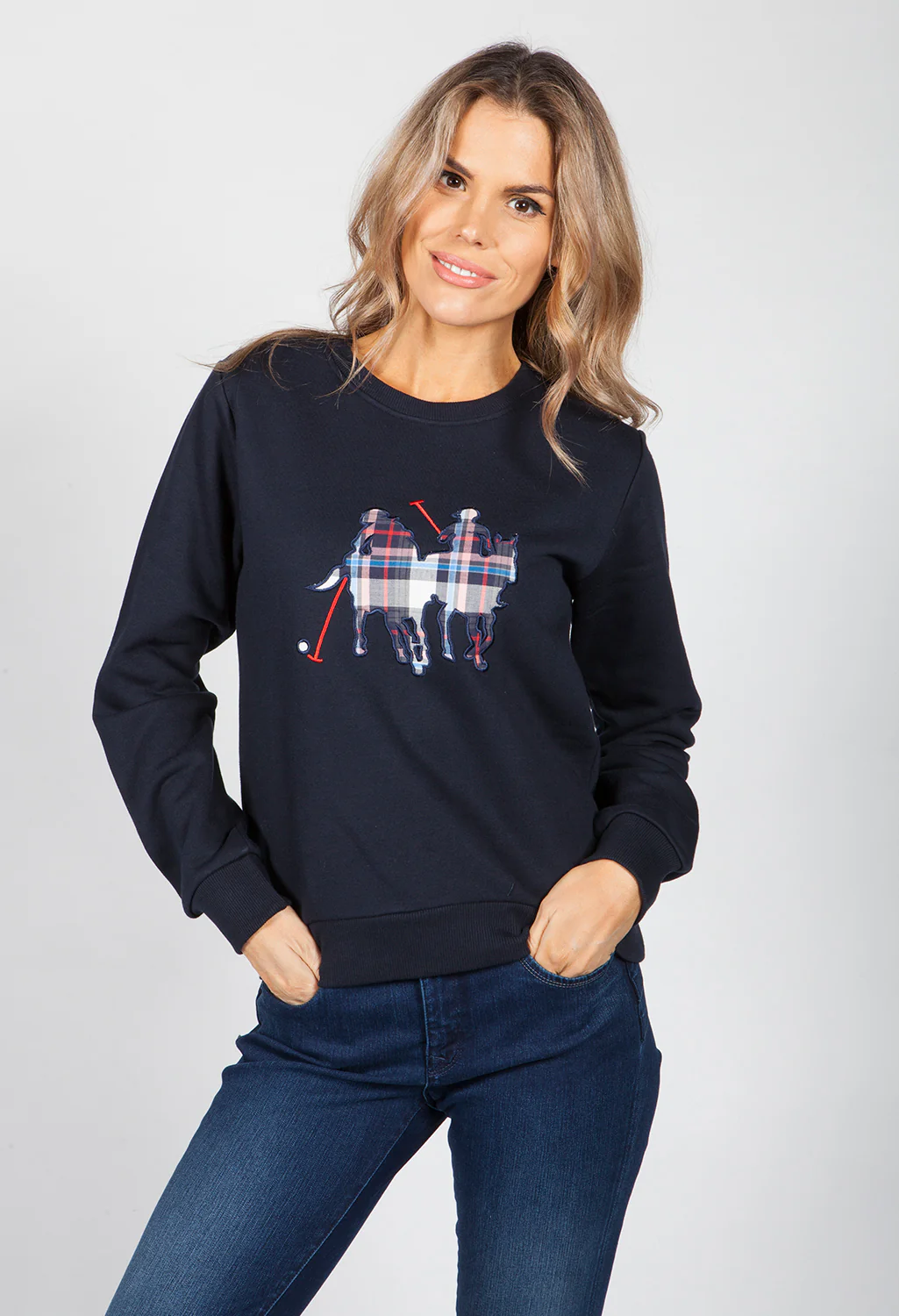 Navy Polo Check Print Sweatshirt