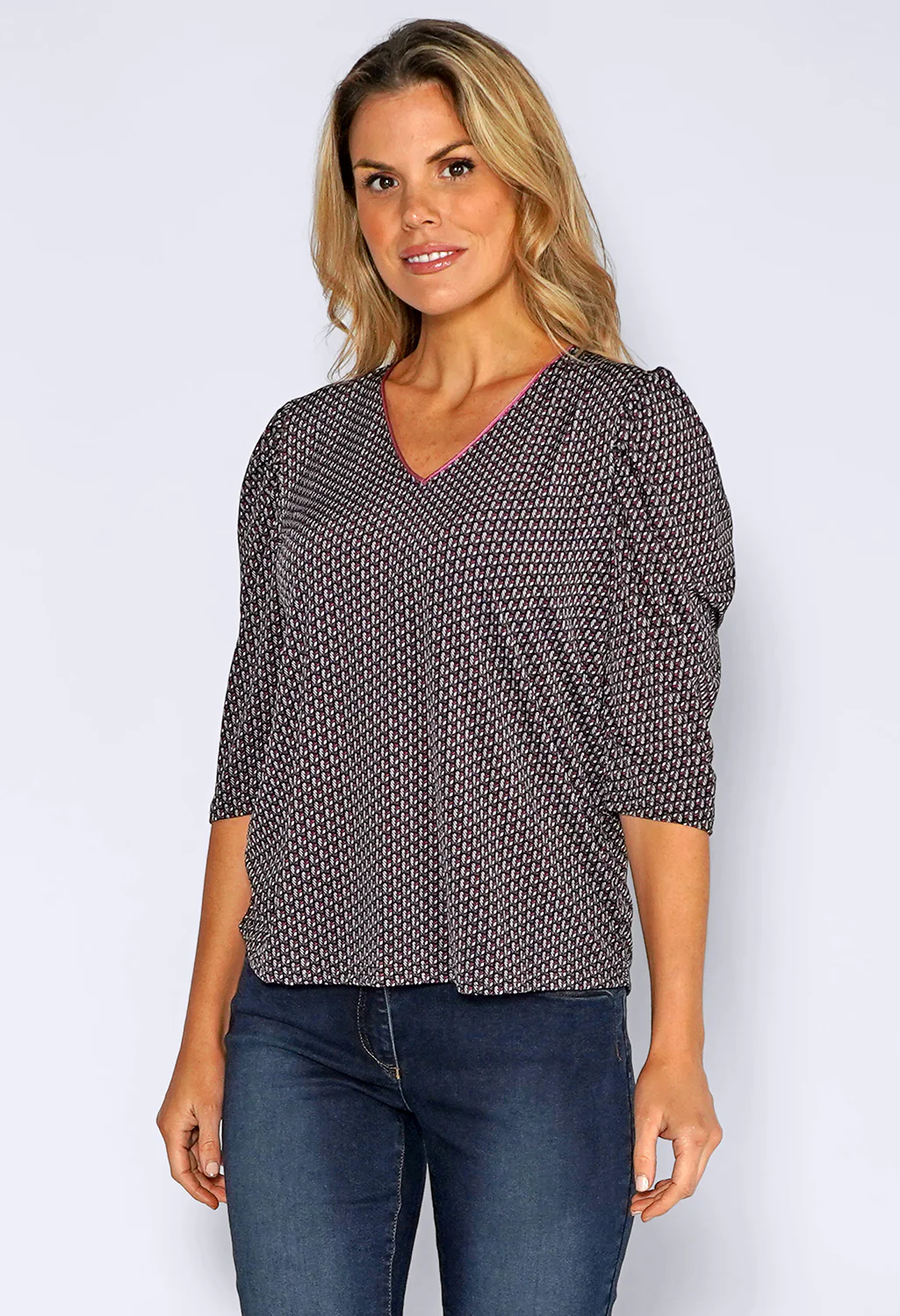 Grey Top with Mini Geometric Print