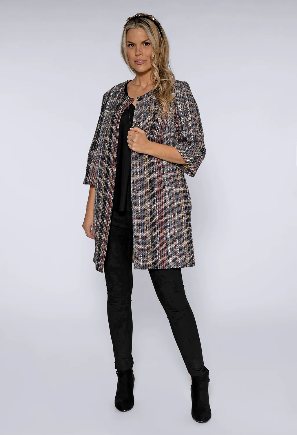 Black Rocha Lux Tweed Long Jacket with Gold Lining