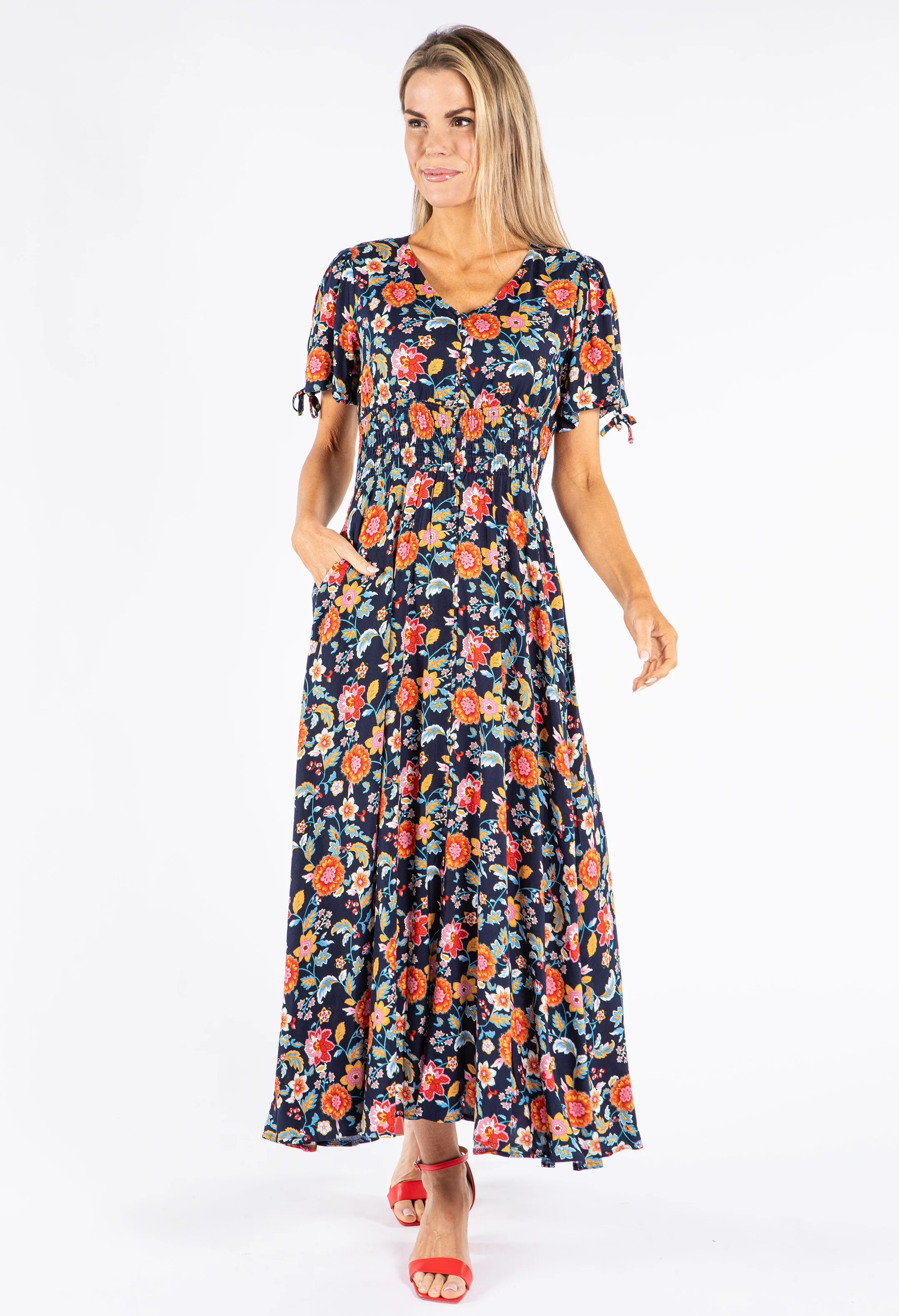 Floral Print Buttoned Midi Dress