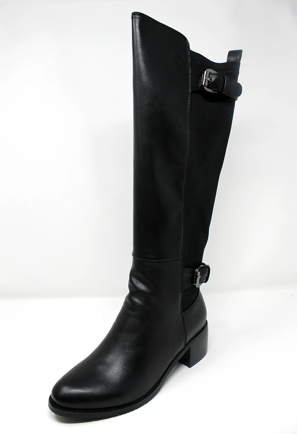 Black Faux Leather & Fabric Long Leg Side Zip Boot